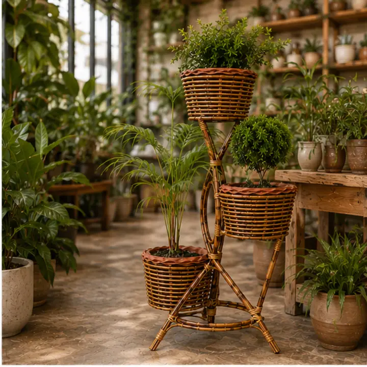 3-Tier Rattan Plant Stand | Cane Floor Indoor Planter