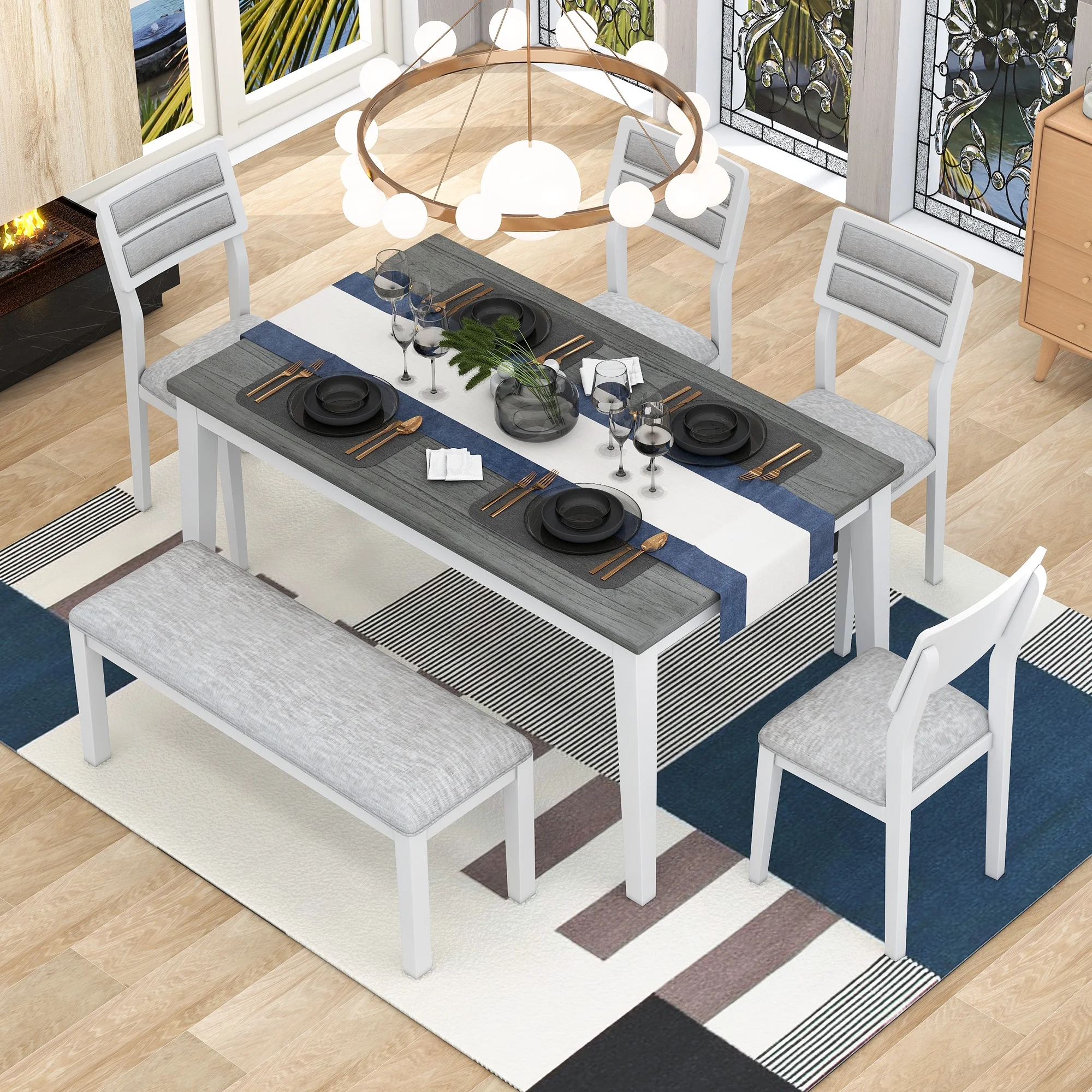 Bellemave Dining Table Set for 6, Includes Dining Table, 4 Upholstered Chairs & Bench, Wooden Classic and Traditional Style Dining Set for Living Room��White��