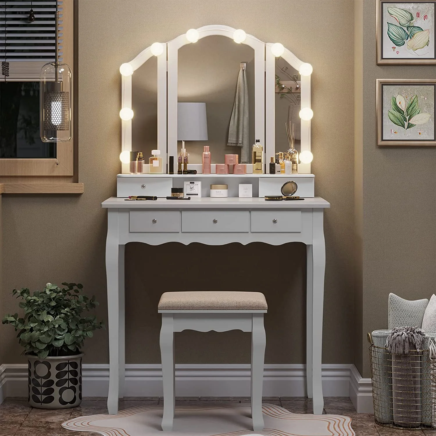 Afuhokles Vanity Table Set with Lighted Tri-Fold Mirror and Stool, Makeup Vanity Dressing Desk 5 Drawers, White