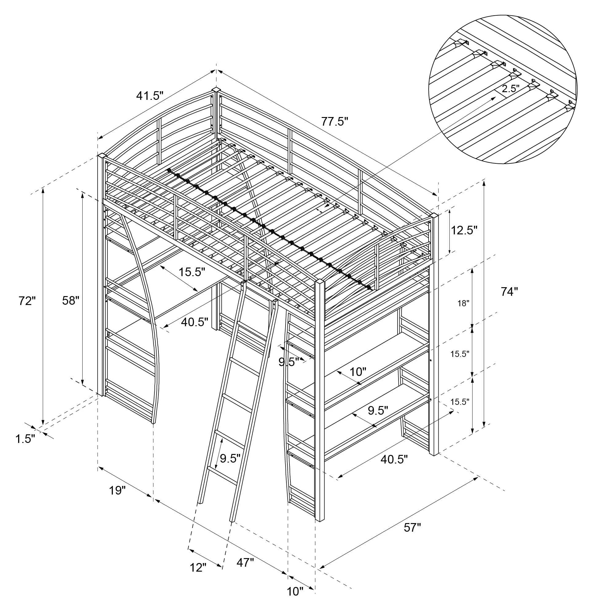 DHP Sage Studio Twin Metal Loft Bed with Integrated Desk and Shelves, Off White