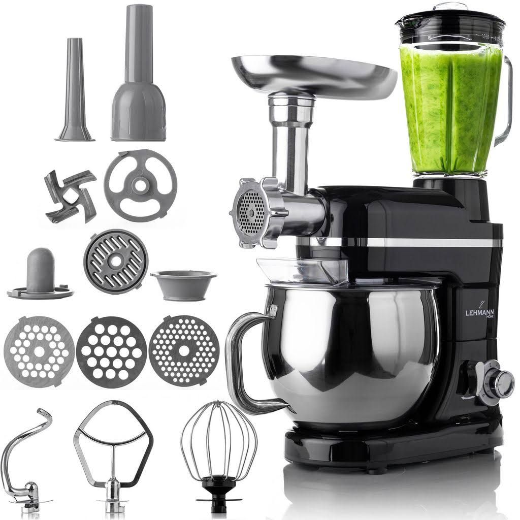 LEHMANN Impastatrice Planetaria Multifunzione con tritacarne e frullatore a caraffa, Ciotola 5L, set di accessori, Nero