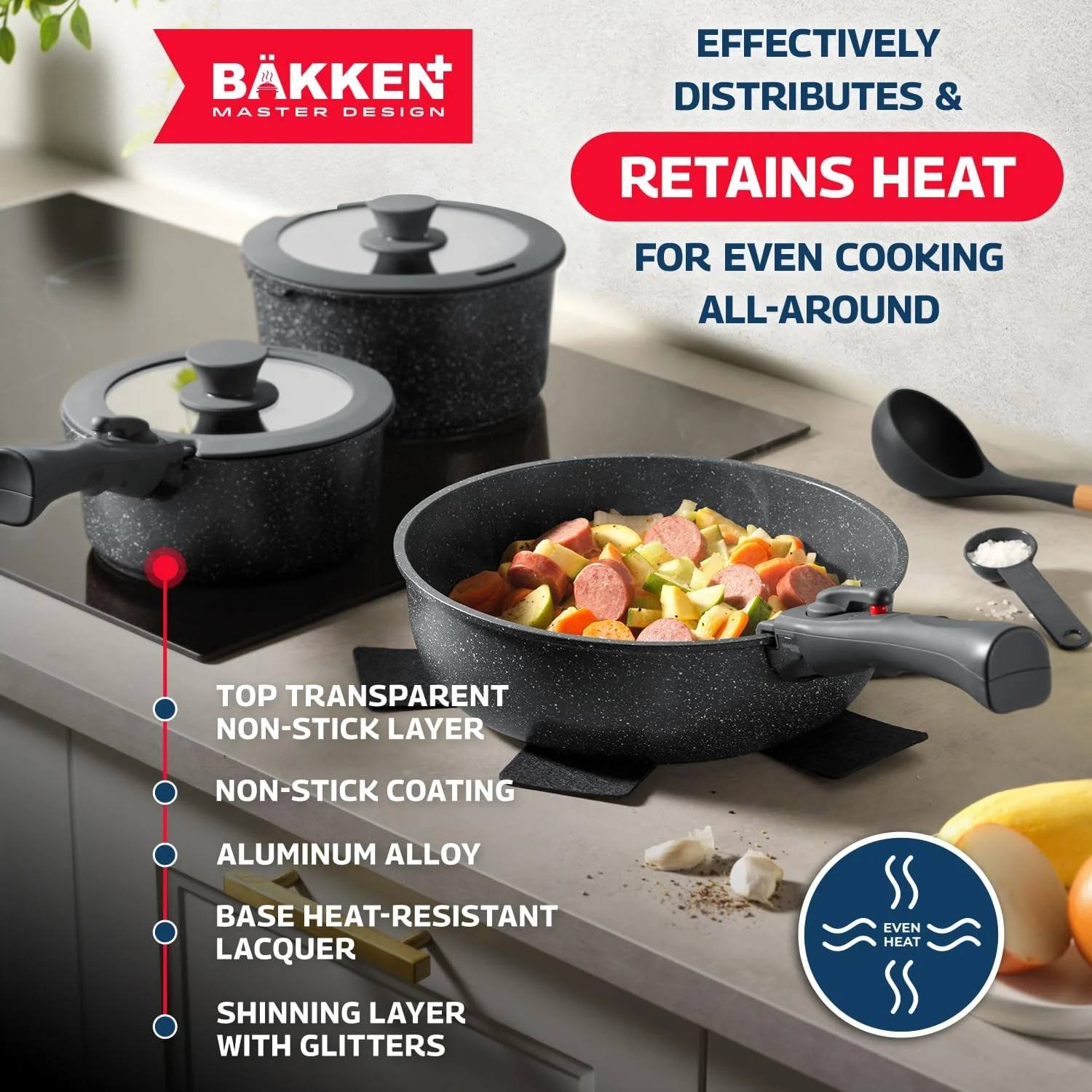 Bakken Master 38 Piece Granite Cookware and Bakeware Set �C Nonstick Granite Coating, Pots and Pans with Detachable Handles and Tempered Glass Lids, 6-piece Bakeware set, 12-piece Mixing Bowls,Brown