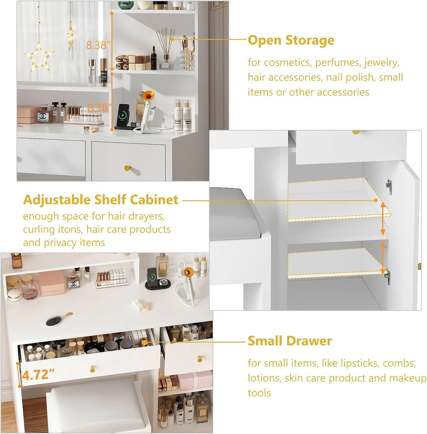 ChVans White Vanity Desk with Lighted Mirror & Charging Station, Vanity Table Set w/3 Storage Shelves,2 Drawers,Storage Cabinet & Makeup Vanity Cushioned Stool(White-37