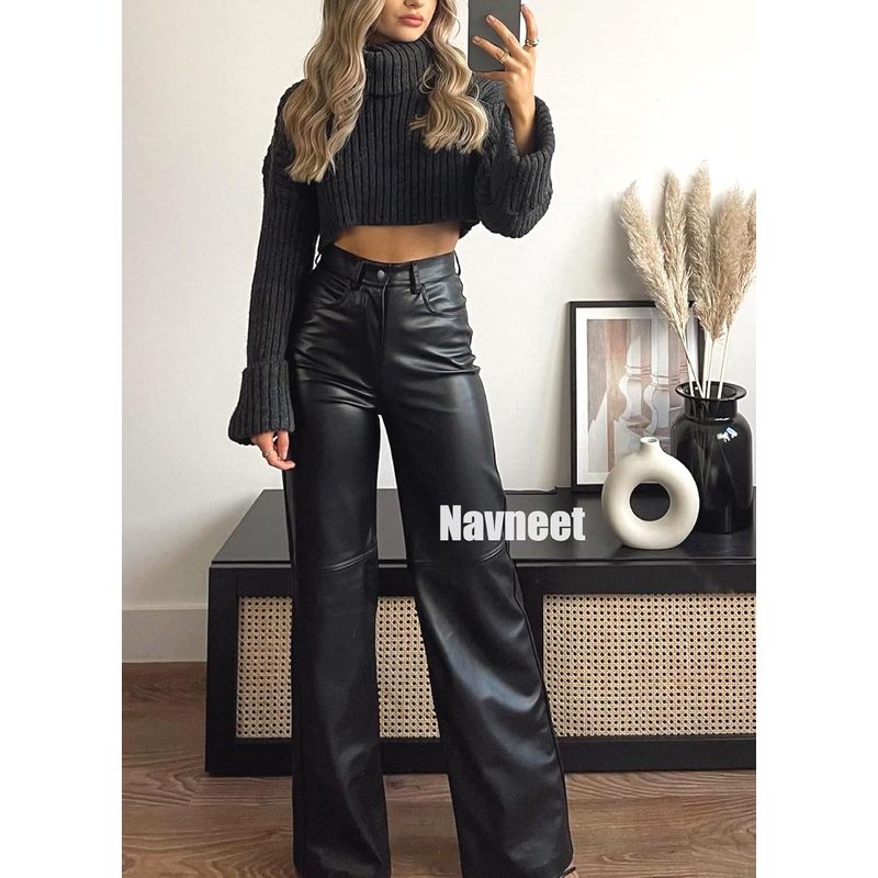Women Faux Leather Pants PU High Waist Straight