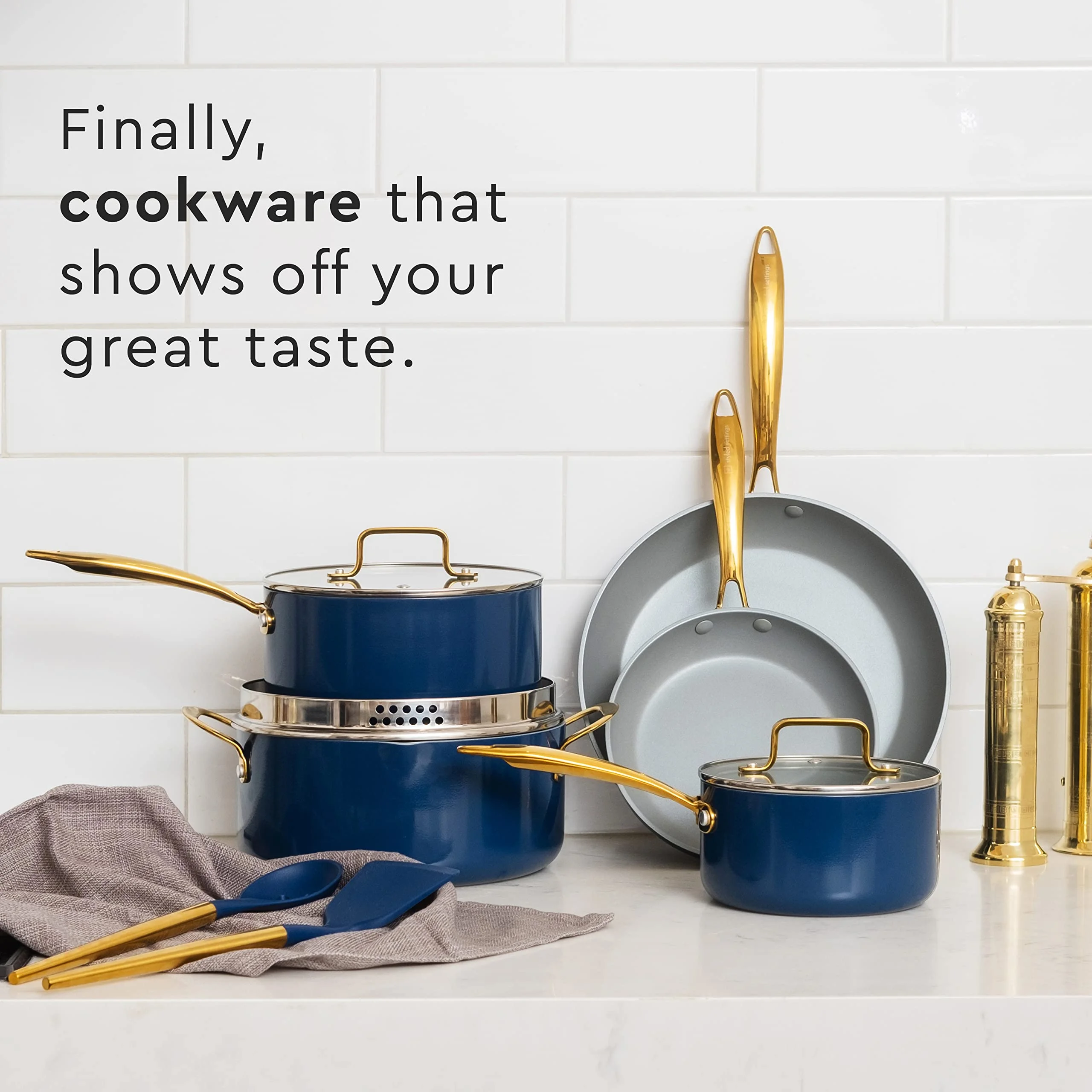 Styled Settings White Pots and Pans Set Nonstick-15 Piece Luxe White Cookware Set Non Toxic,Oven Safe,Induction Safe Cooking Pot with Strainer Lid,Gold Cooking Utensils,Gold Pots & Pans��