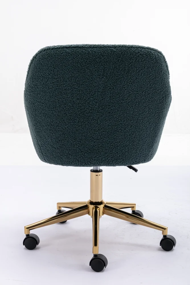 Modern Swivel Desk Chair, Teddy Fabric Home Office Task Chair Adjustable Swivel Mid-Back Cute Upholstered Accent Vanity Armchair with Gold Metal Legs and Universal Wheel for Home Office, Green