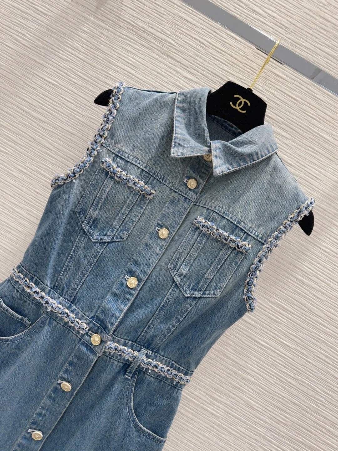 Banded hem gradient denim vest dress