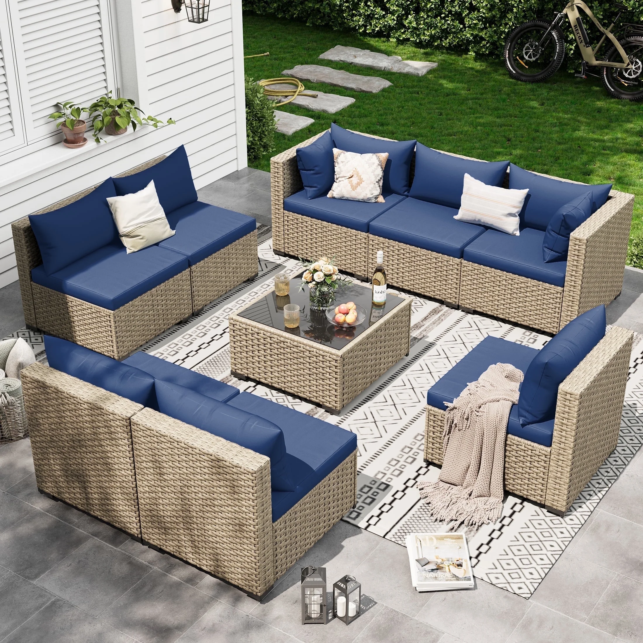 POTEBAN 7 Pieces Outdoor Patio Furniture Set, Grey Rattan Wicker Outdoor Conversation Sectional Sofa Set with Cushions for Backyard, Green