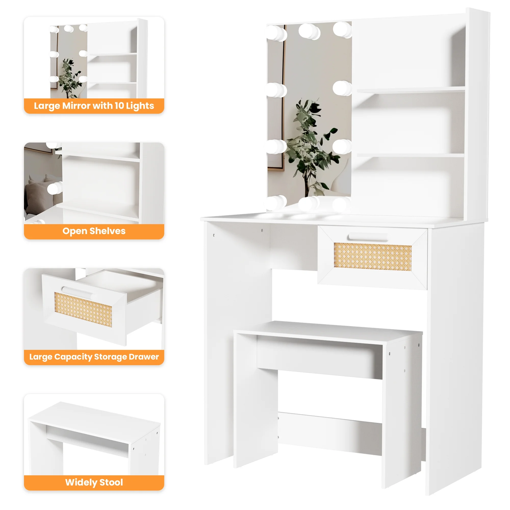Resenkos Vanity Desk Set with Mirror and Lights for Makeup, 5 Drawers Storage Dresser for Bedroom, White