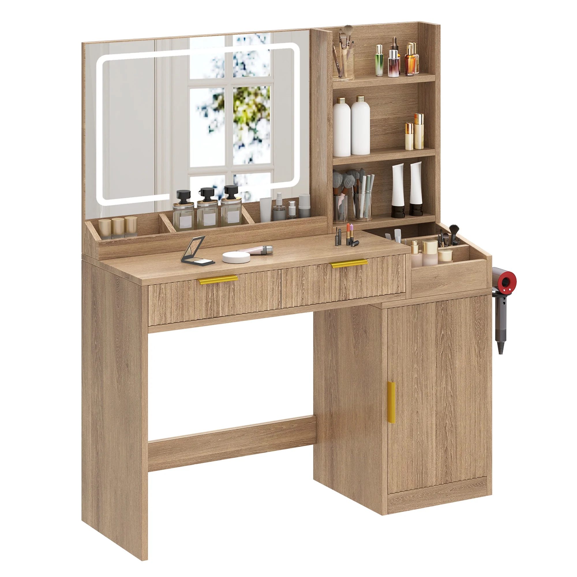 Craftian White Makeup Vanity Desk with Large Mirror and Lights, Dressing Table with 2 Storage Drawers & Power Outlets
