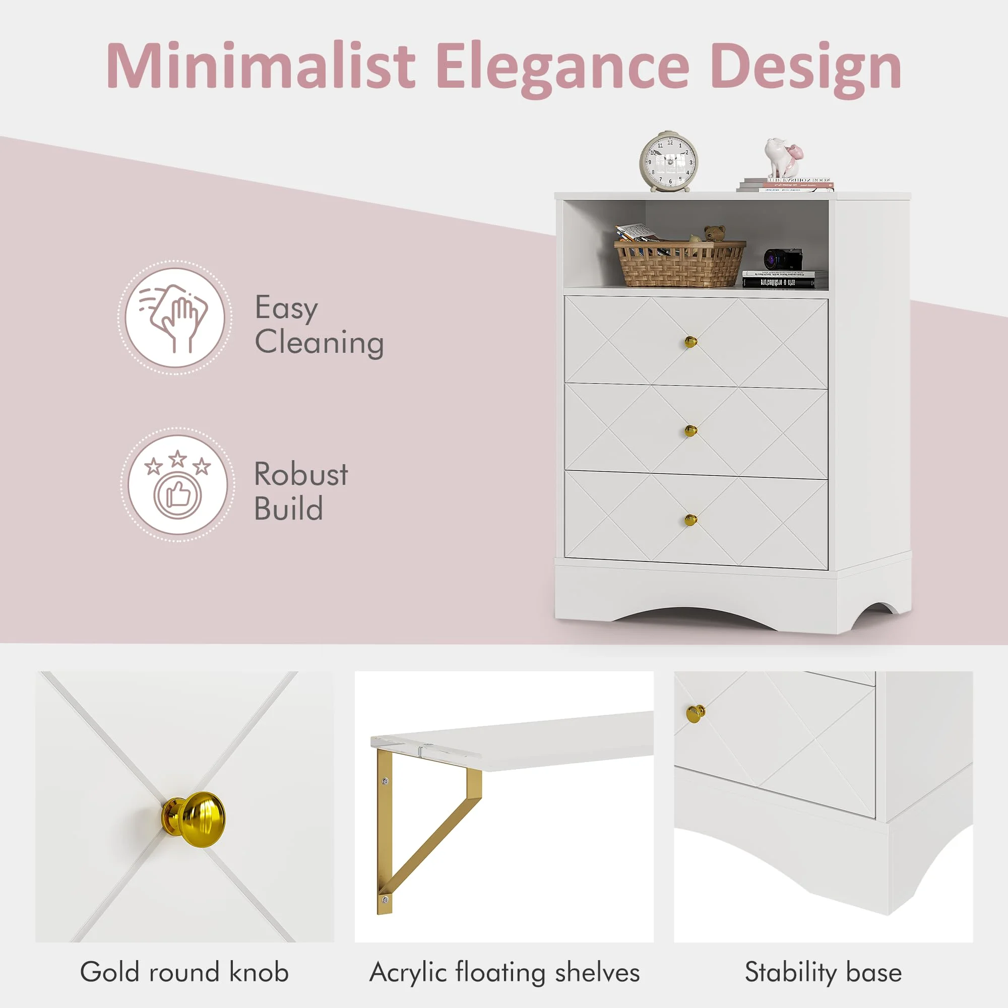 May Color Large White 3 Drawer Dresser Set of 2 with Fluted Panel, Modern Chest of Drawers with Silent Slide Drawers, Wood Accent Nightstand with Storage for Bedroom Living Room, Hallway