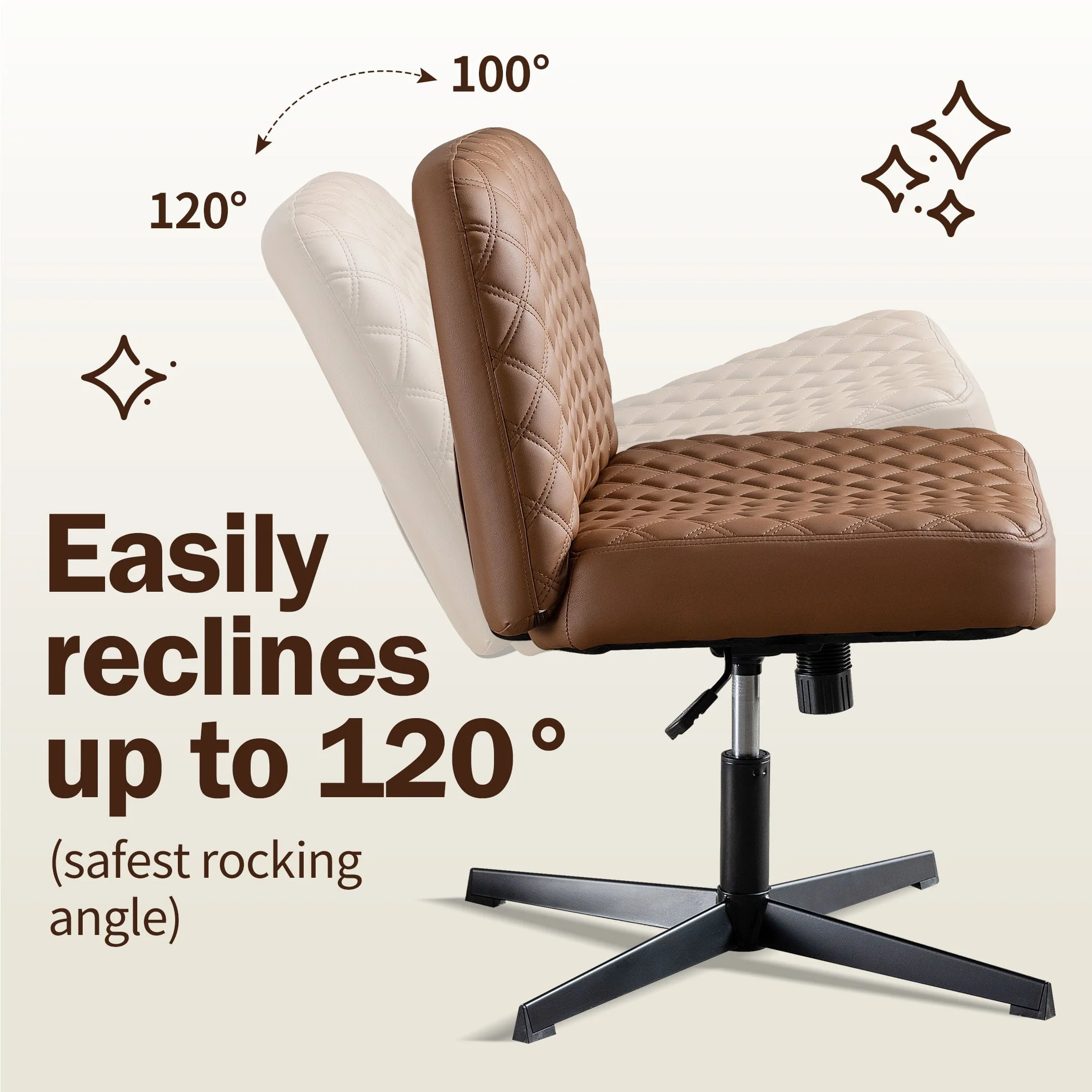 JONPONY Armless PU Leather Office Desk Chair,Cross Legged Home Office Chair No Wheels Heavy Duty Metal Base,120° Rocking Ergonomic PC Chair,Brown