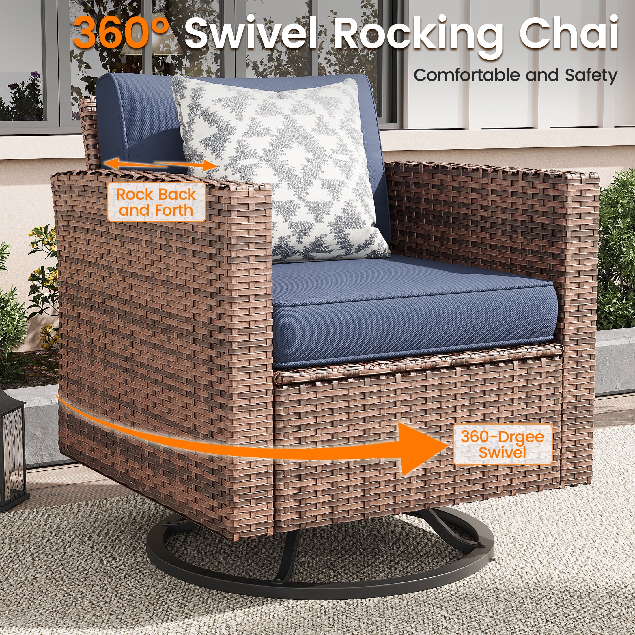 Poteban Outdoor Patio Furniture Set, Rocking Swivel Chair, 9 Pieces Wicker Rattan Sectional Furniture for Backyard (Grey)