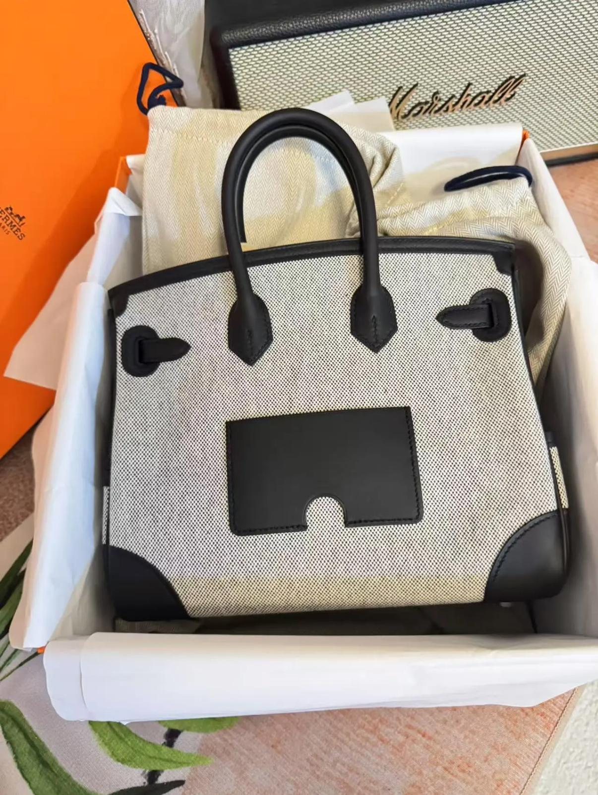 HERMÈS Limited Edition Birkin Cargo 25-35 in Black panda leather and Canvas with Palladium hardware customization
