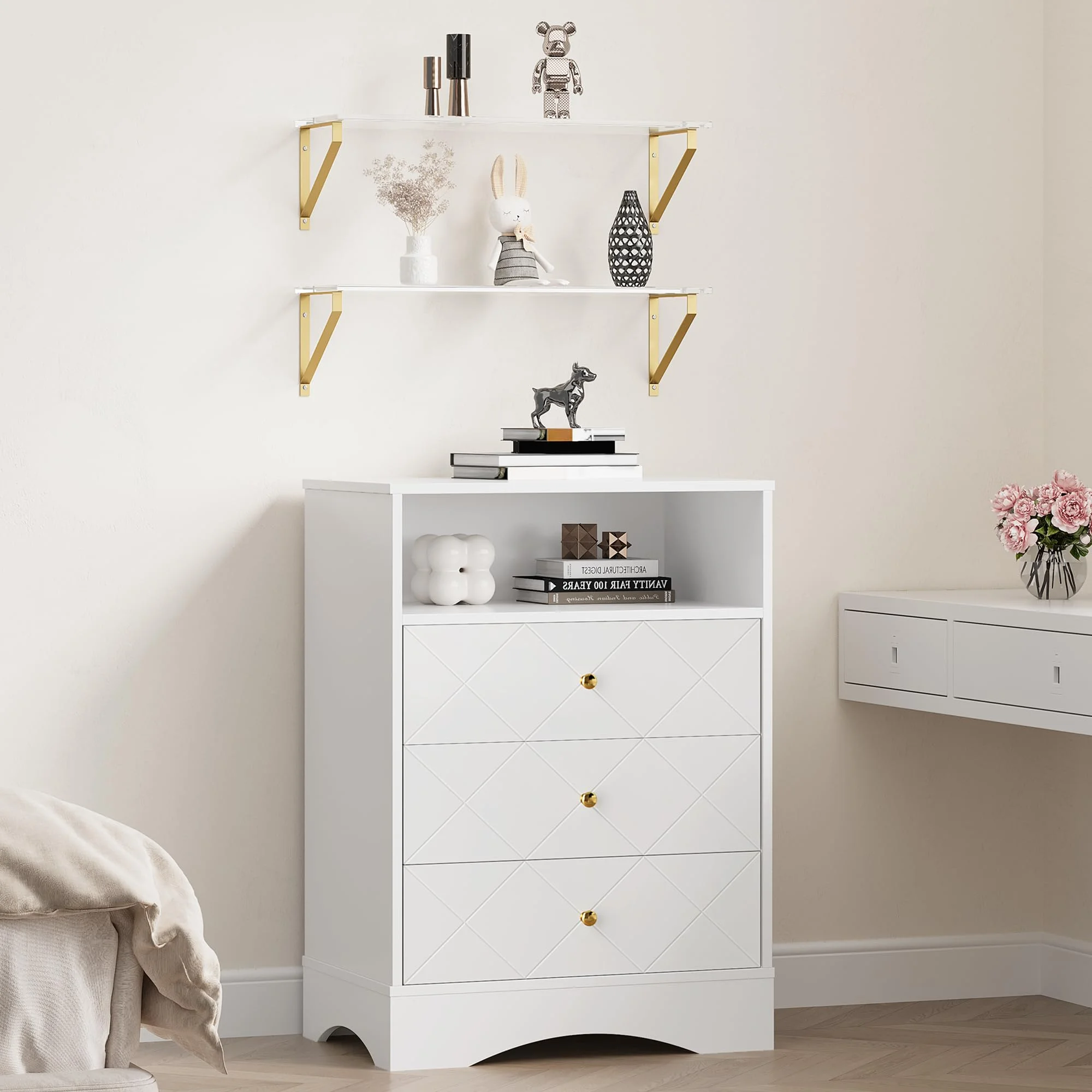 May Color Large White 3 Drawer Dresser Set of 2 with Fluted Panel, Modern Chest of Drawers with Silent Slide Drawers, Wood Accent Nightstand with Storage for Bedroom Living Room, Hallway