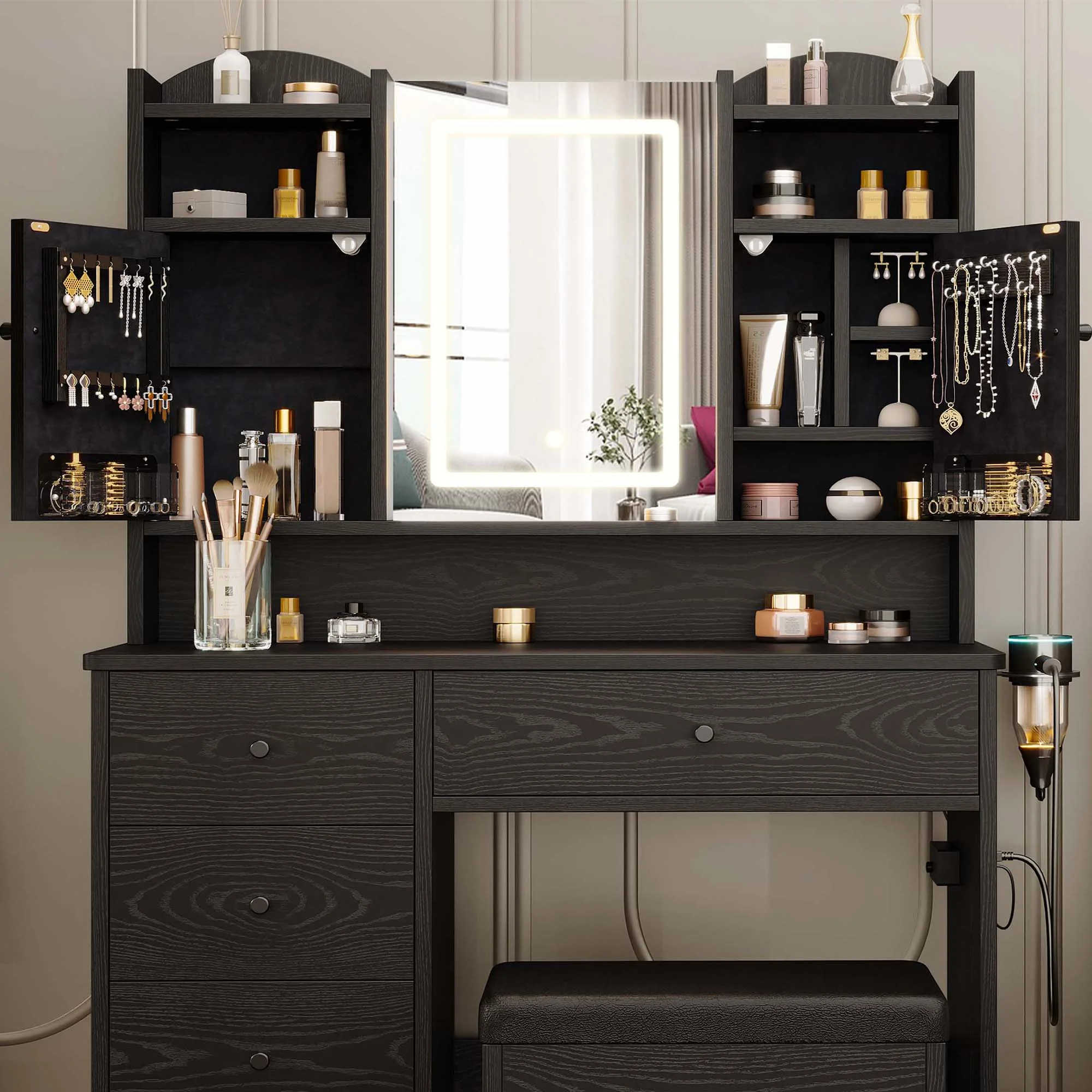 IRONCK White Vanity Set with Mirror and Lights, Makeup Vanity Desk with 5 Drawers & 2 Cabinets & Charging Station