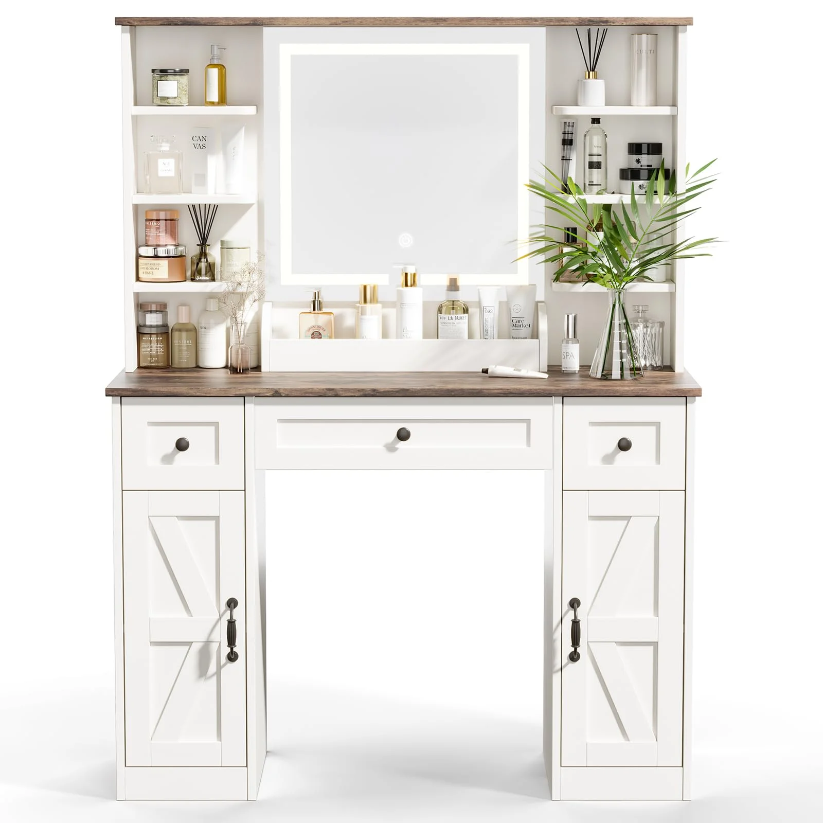 Vanity Desk with Chair, White Makeup Desk Set with Mirror & LED Lights, Vanity Table with Power Strip, 2 Drawers, 4 Shelves