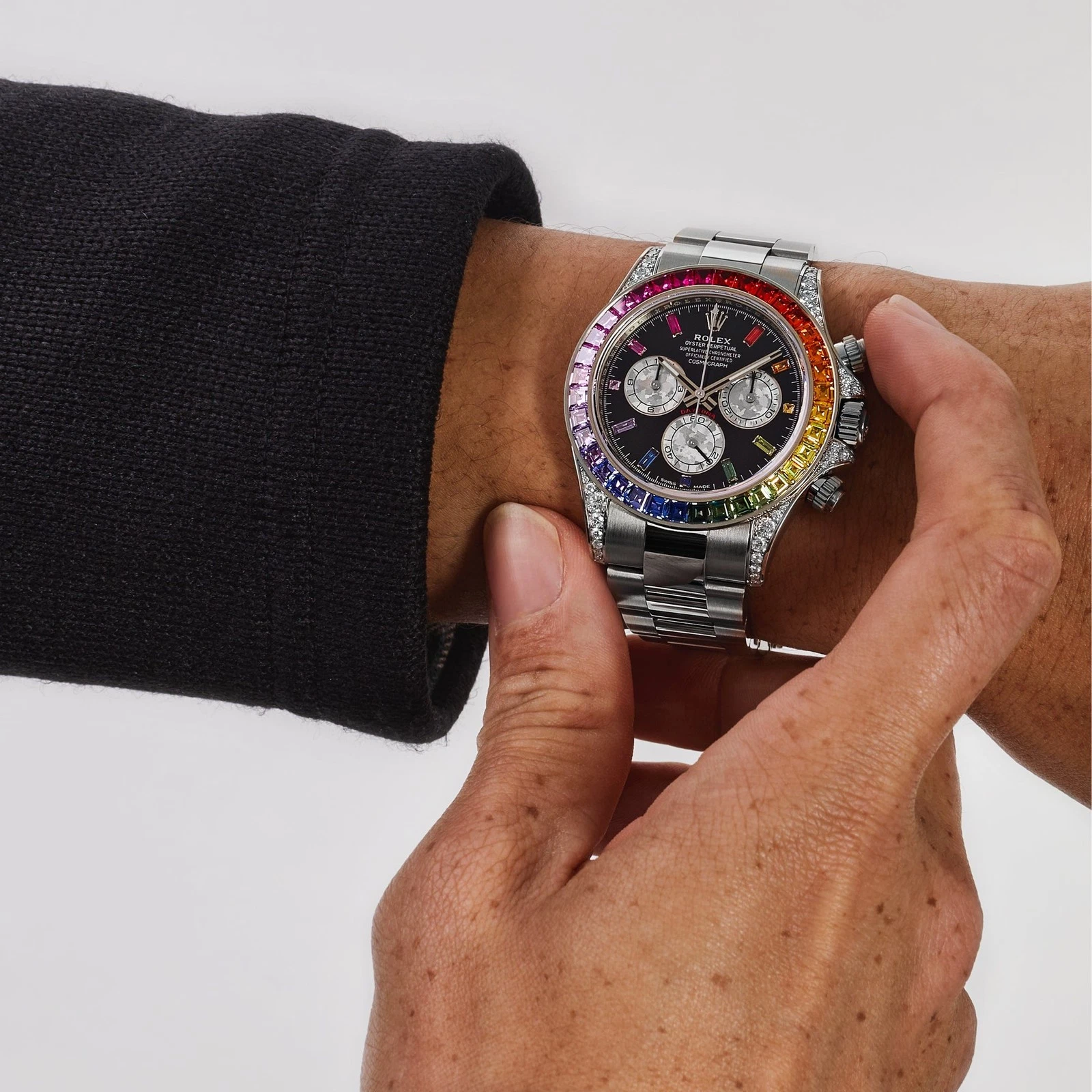 【Super Clone】Rolex Daytona  'Rainbow' White Gold Black Dial Sapphire Bezel  116599RBOW