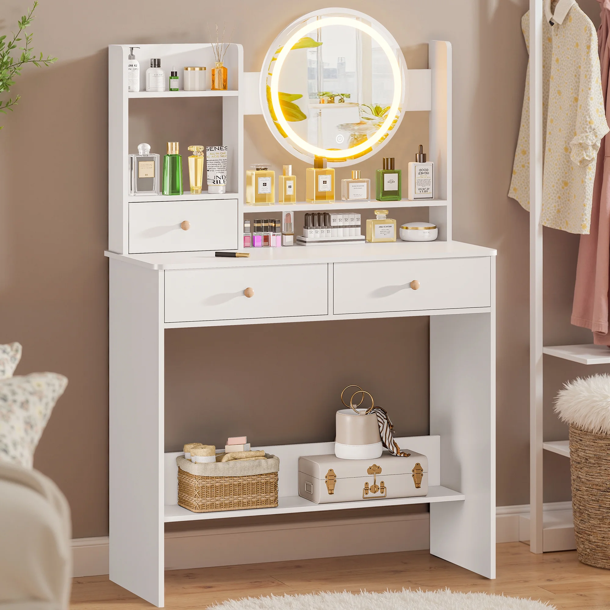 Vanity Desk with LED Lighted Mirror, Makeup Vanity Desk with 3 Drawers & Storage Shelves, 3 Color Modes, Dressing Table for Bedroom, White