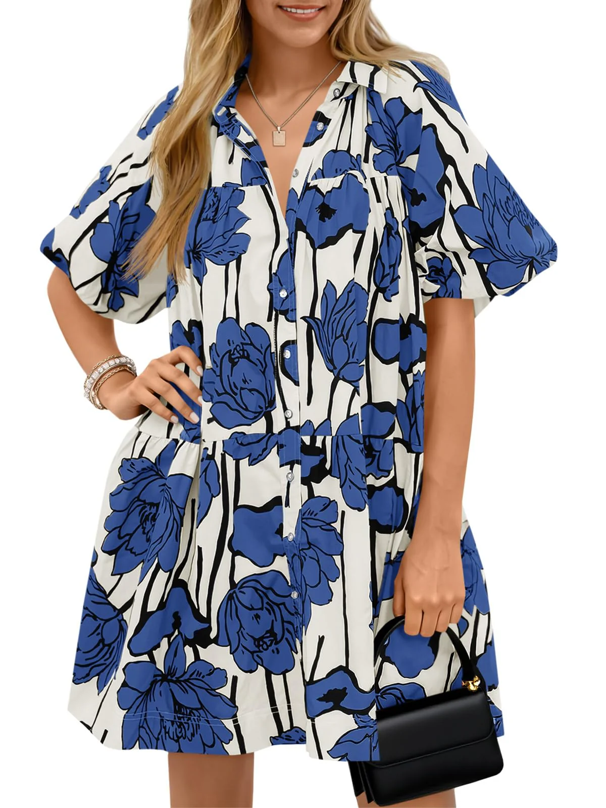 Wenrine Women's Summer Button Down Shirt Dress Floral Puff Short Sleeve Casual Loose Fit Beach Mini Dresses Blue
