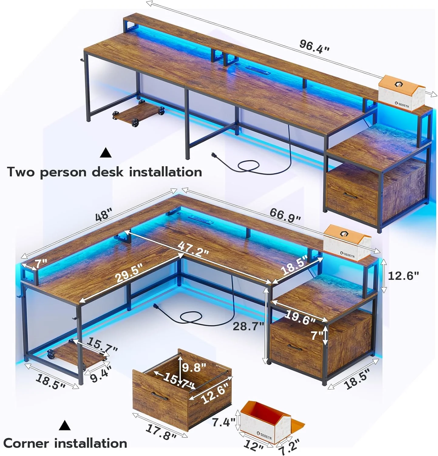 L Shaped Desk with Power Outlet and LED Lights, Corner Computer Desk with File Drawer for Home Office,  Gaming Desk,  Rustic Brown