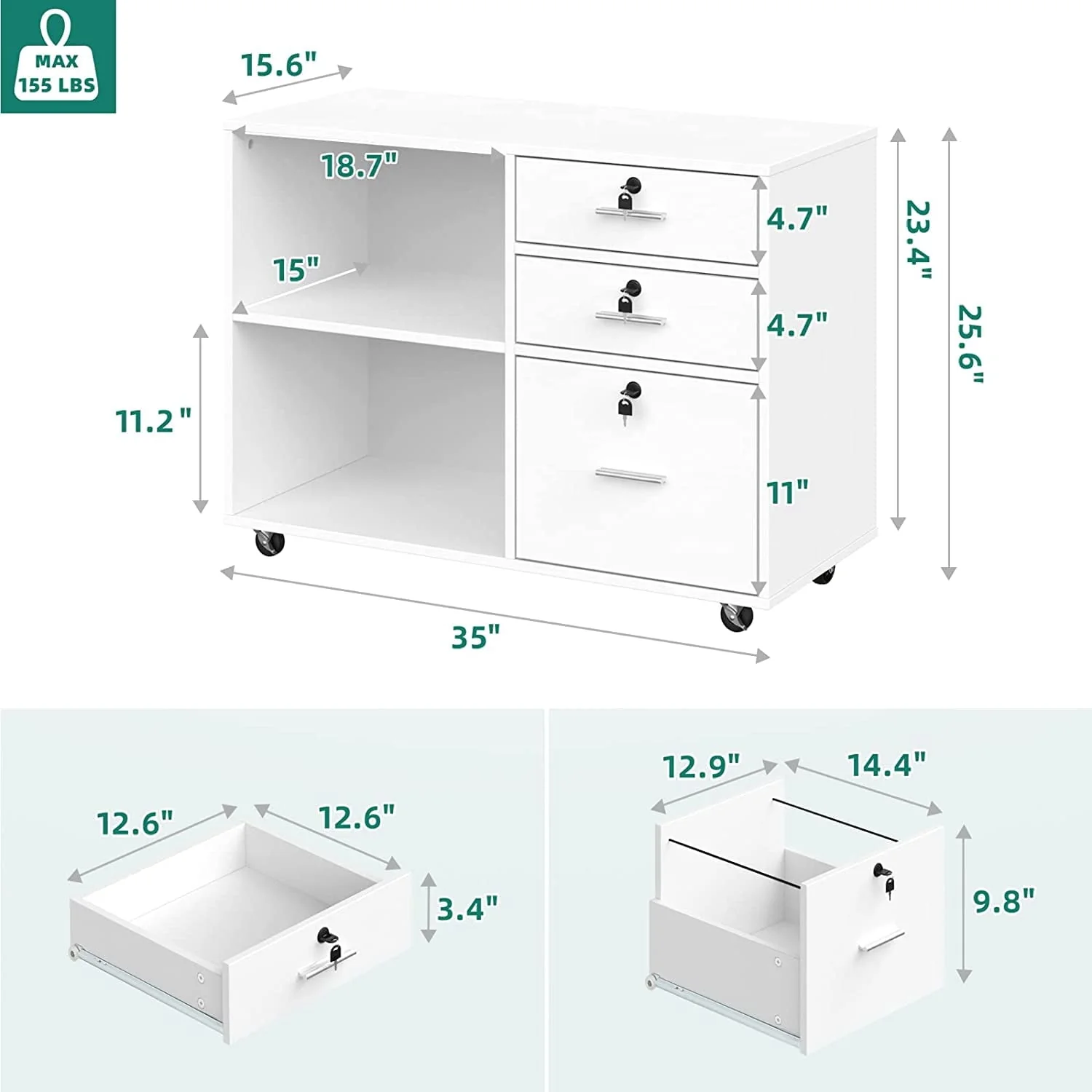 DEXTRUS 3 Drawer Wood Lateral Filing Cabinet with Locks, Printer Stand Storage File Cabinet with Shelves for Home Office, White