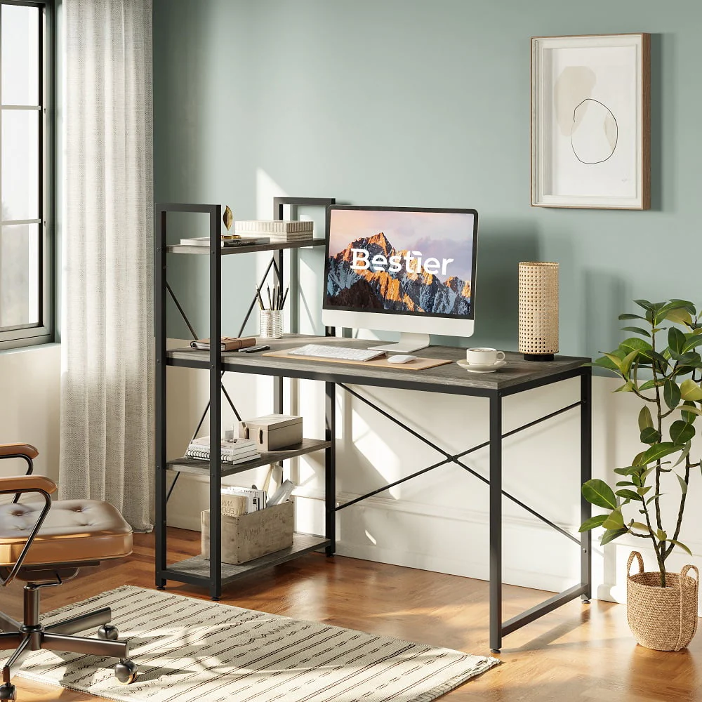 Bestier 47'' Computer Desk with Shelves for Home Office Retro Grey Oak-Dark Finish