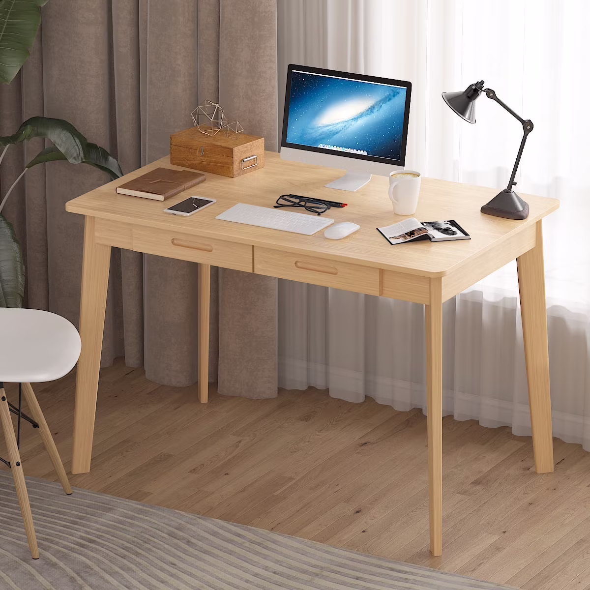 MONSLIPA Industrial Modern Wooden Desk with Storage Drawers, Office Computer Desk and Home Office Desk with Sturdy Wood Legs, 47