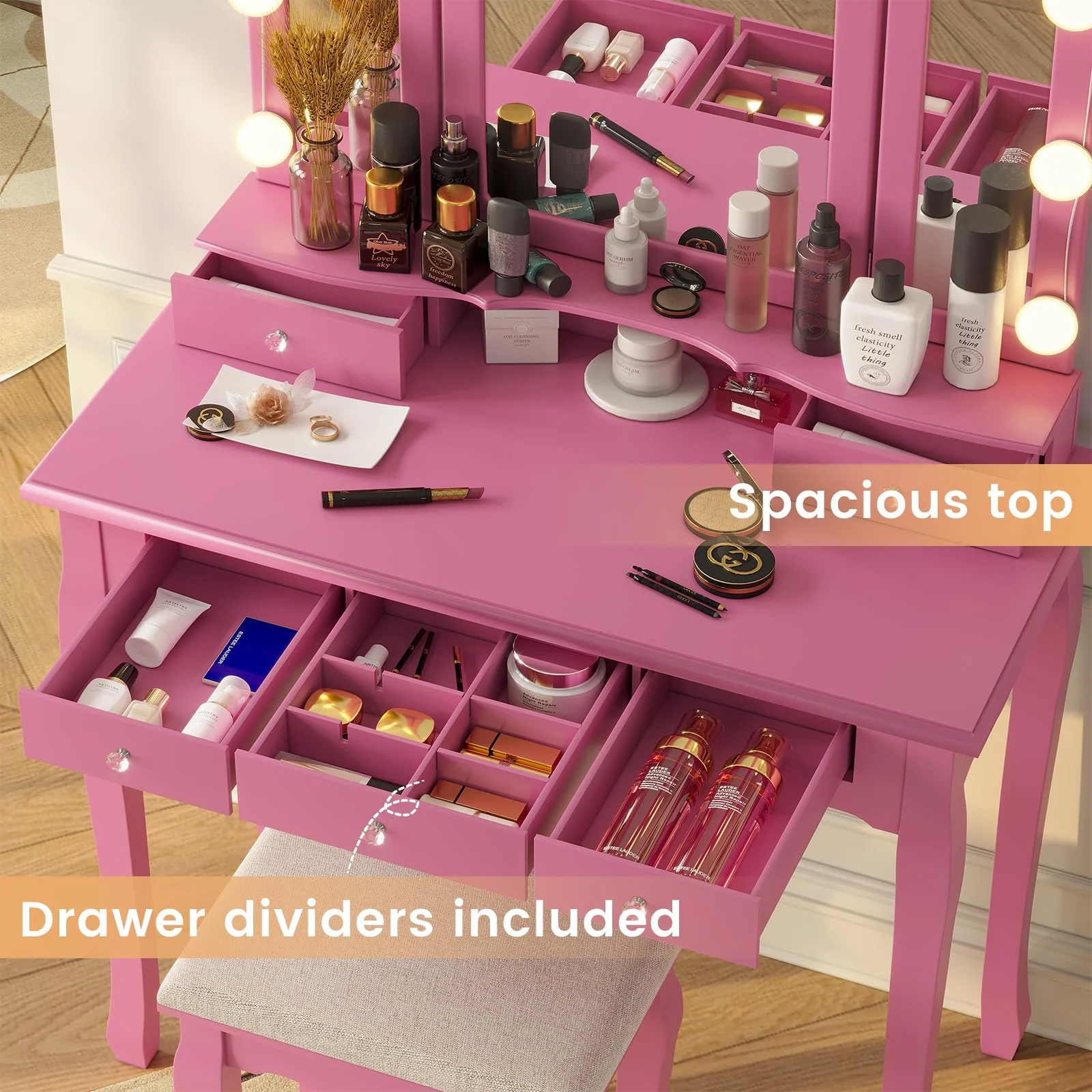 Afuhokles Vanity Table Set with Lighted Tri-Fold Mirror and Stool, Makeup Vanity Dressing Desk 5 Drawers, White