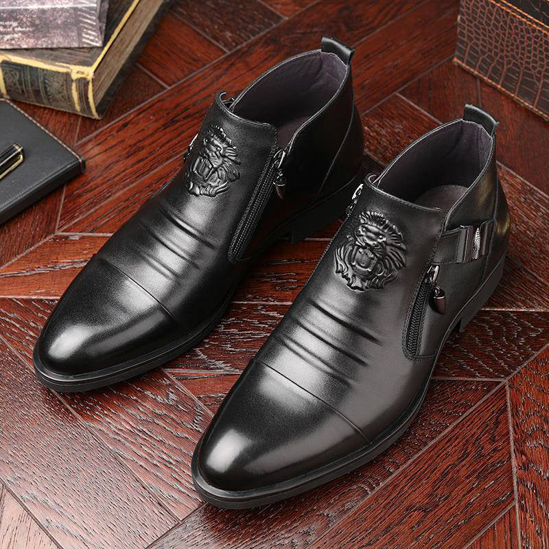 Leather Ankle Boots with Double Side Zipper and Pointed Toes for Men