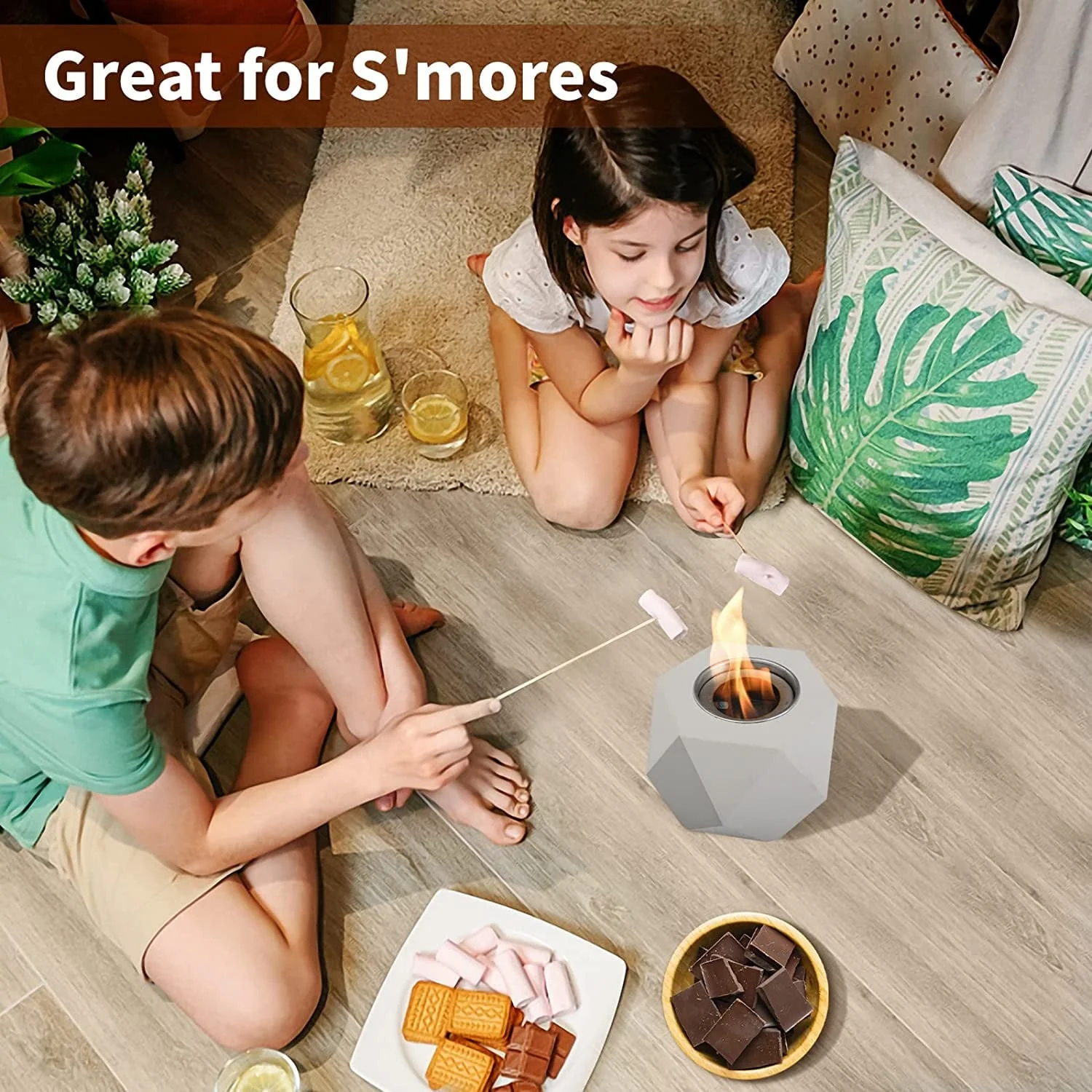 Table Top Fire Pit, GAITON Portable Concrete Mini Fire Pit Bowl Tabletop Smores Maker Alcohol Fireplace with Lid for Patio Backyard