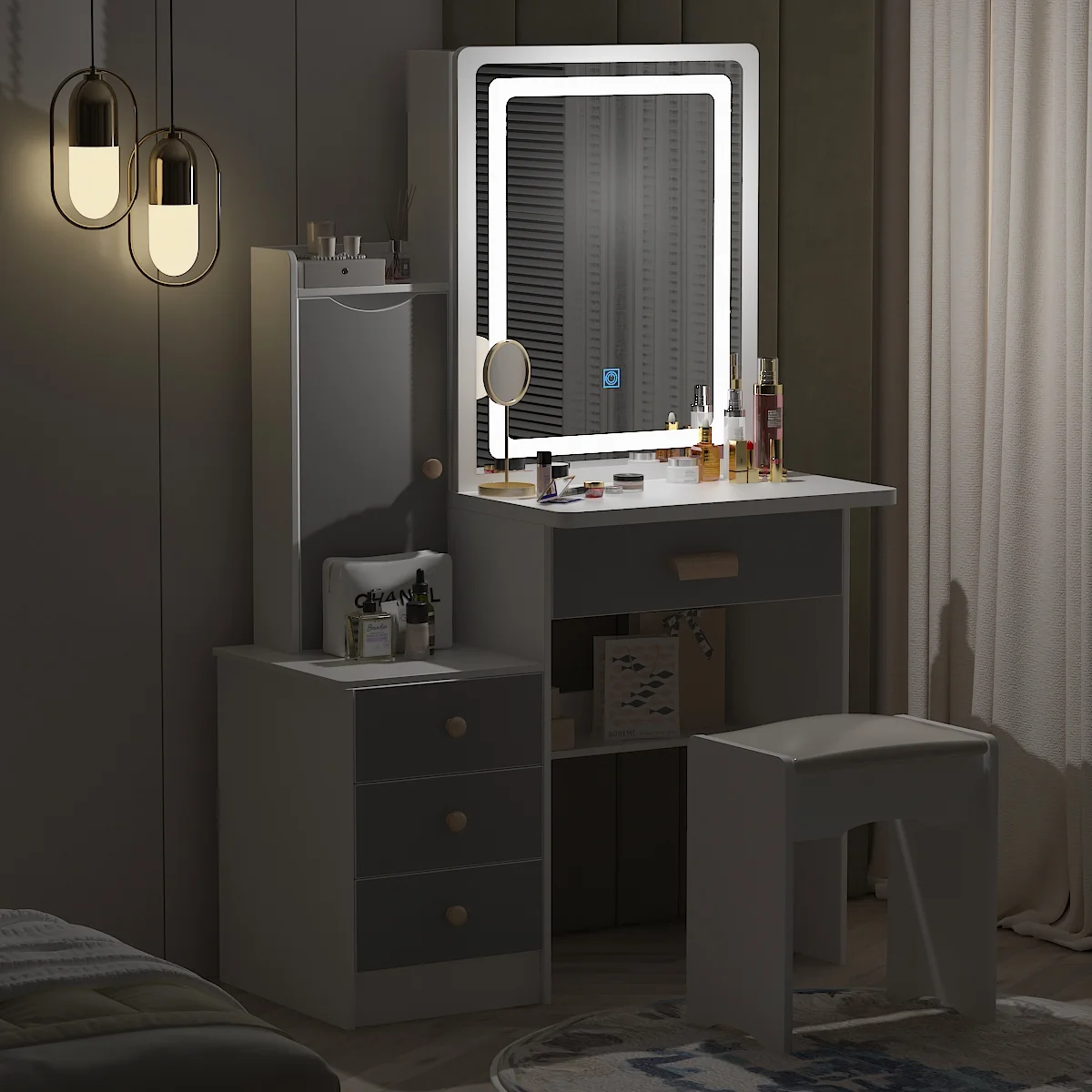 MONSLIPA Makeup Vanity Desk Set w/ Light, Sturdy Dressing Vanity Table with Bench, Shelves & Drawers