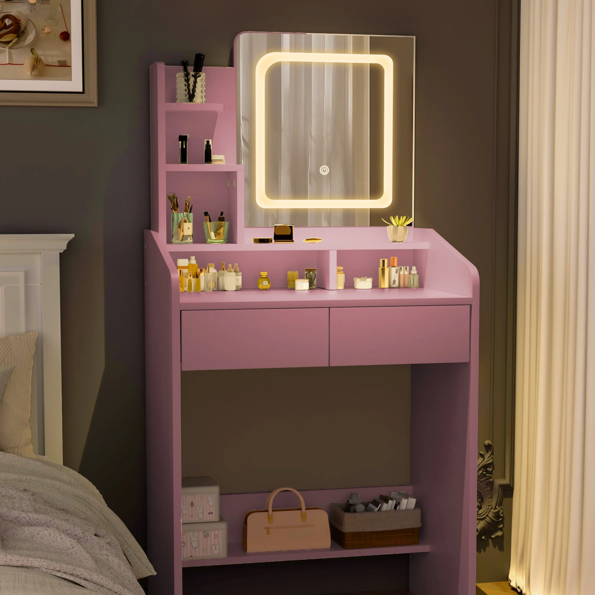 LIVELYGLOW Vanity Desk Set with Square Mirror and Light- Small Vanity Table with Drawers- White