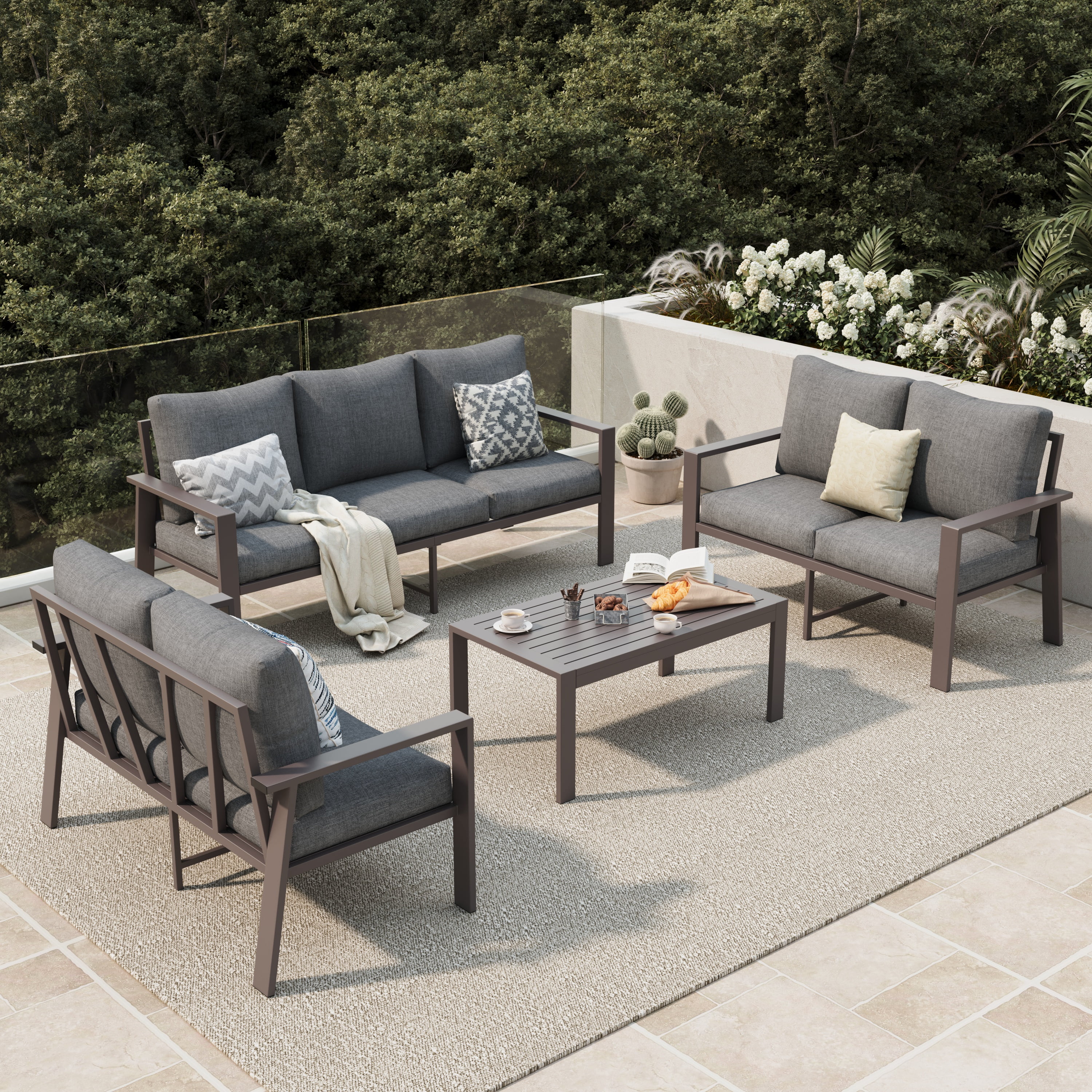 POTEBAN Aluminum Patio Furniture Set, Modern Metal Outdoor Sectional Sofa, Patio Conversation Sets with Side Table for Poolside, courtyard,Blue