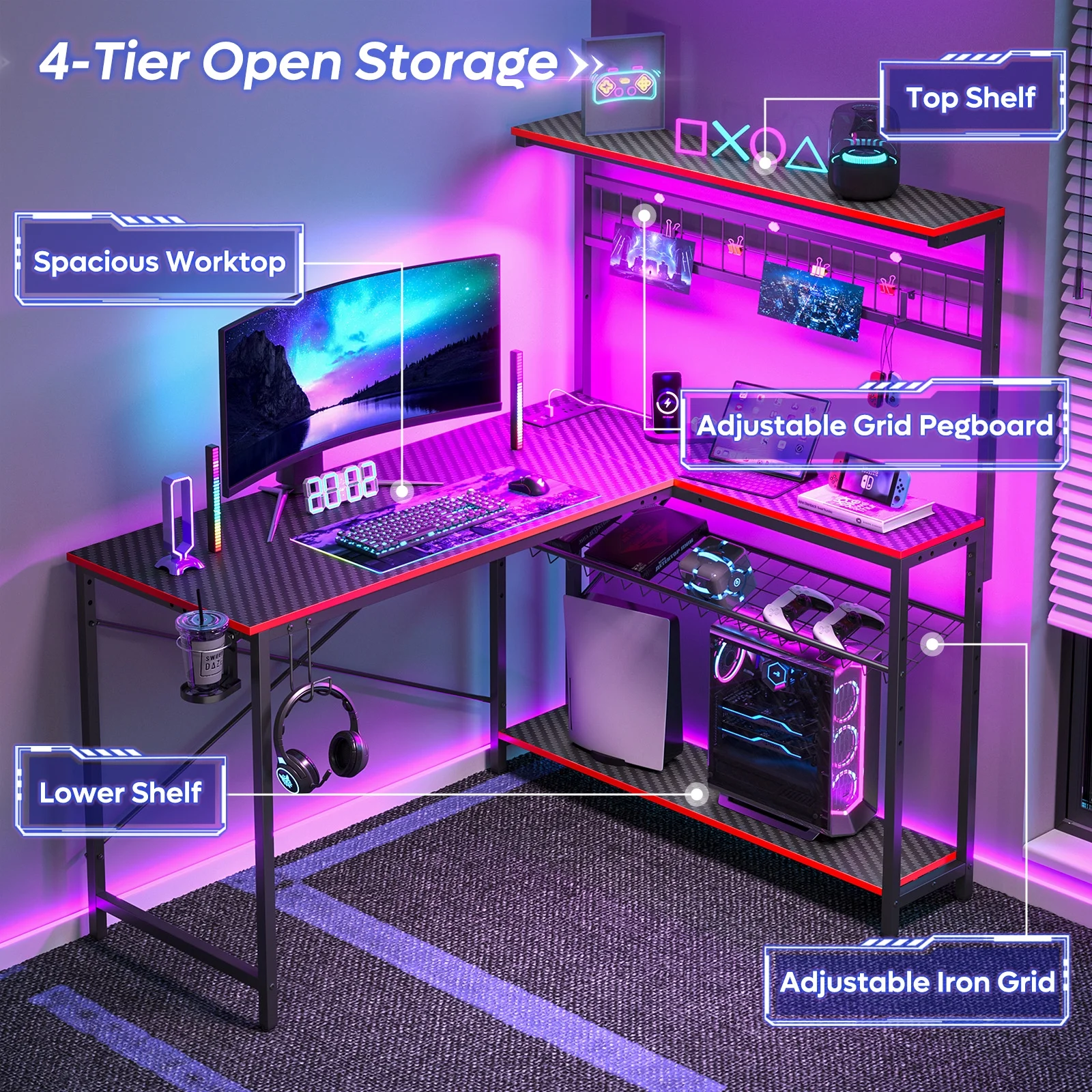 Bestier 51 L Shaped Gaming Desk with Power Outlets & LED Light, Computer Desk with 4 Tiers Shelves for Home Office, Reversible Gamer Table with Hooks and Cup Holder, Carbon Fiber