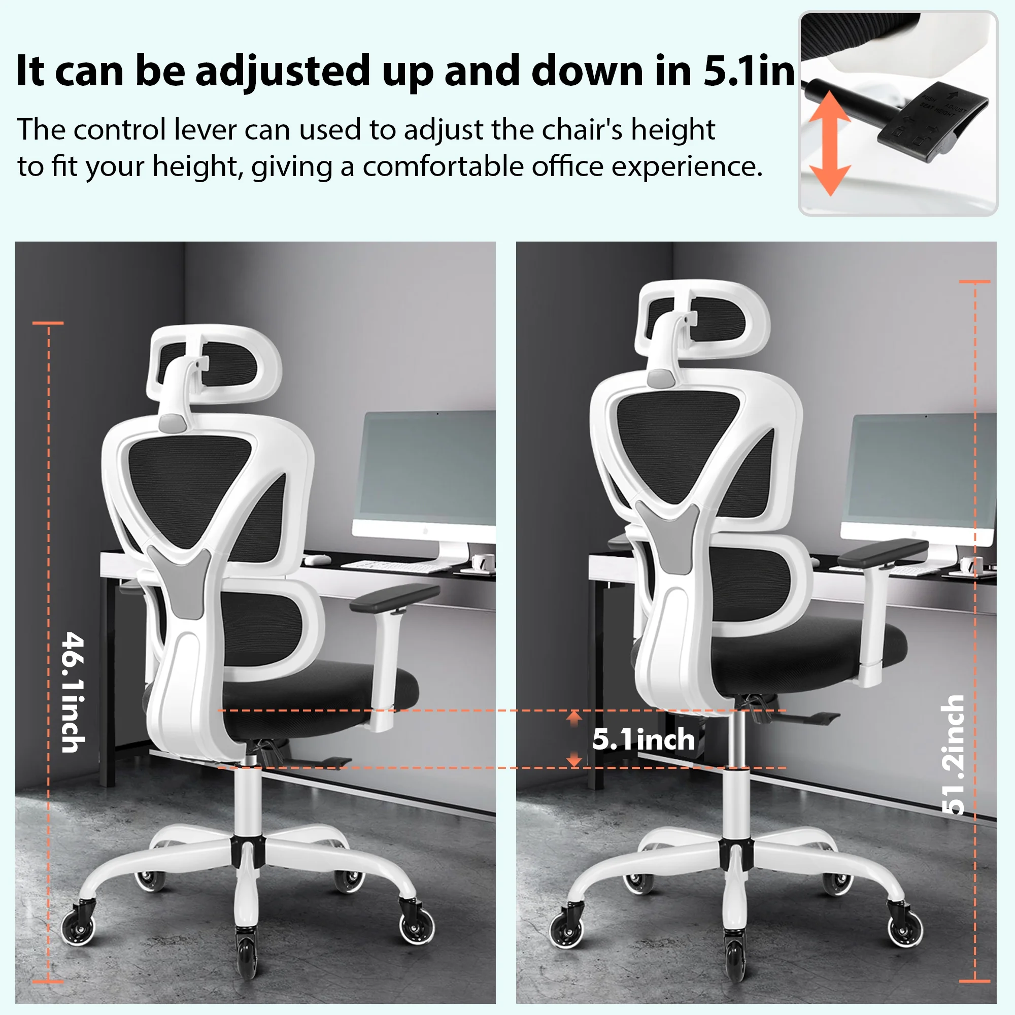 COOLHUT Ergonomic Office Chair, High Back Adjustable Computer Desk Chair with Lumbar Support, 500lb, Black