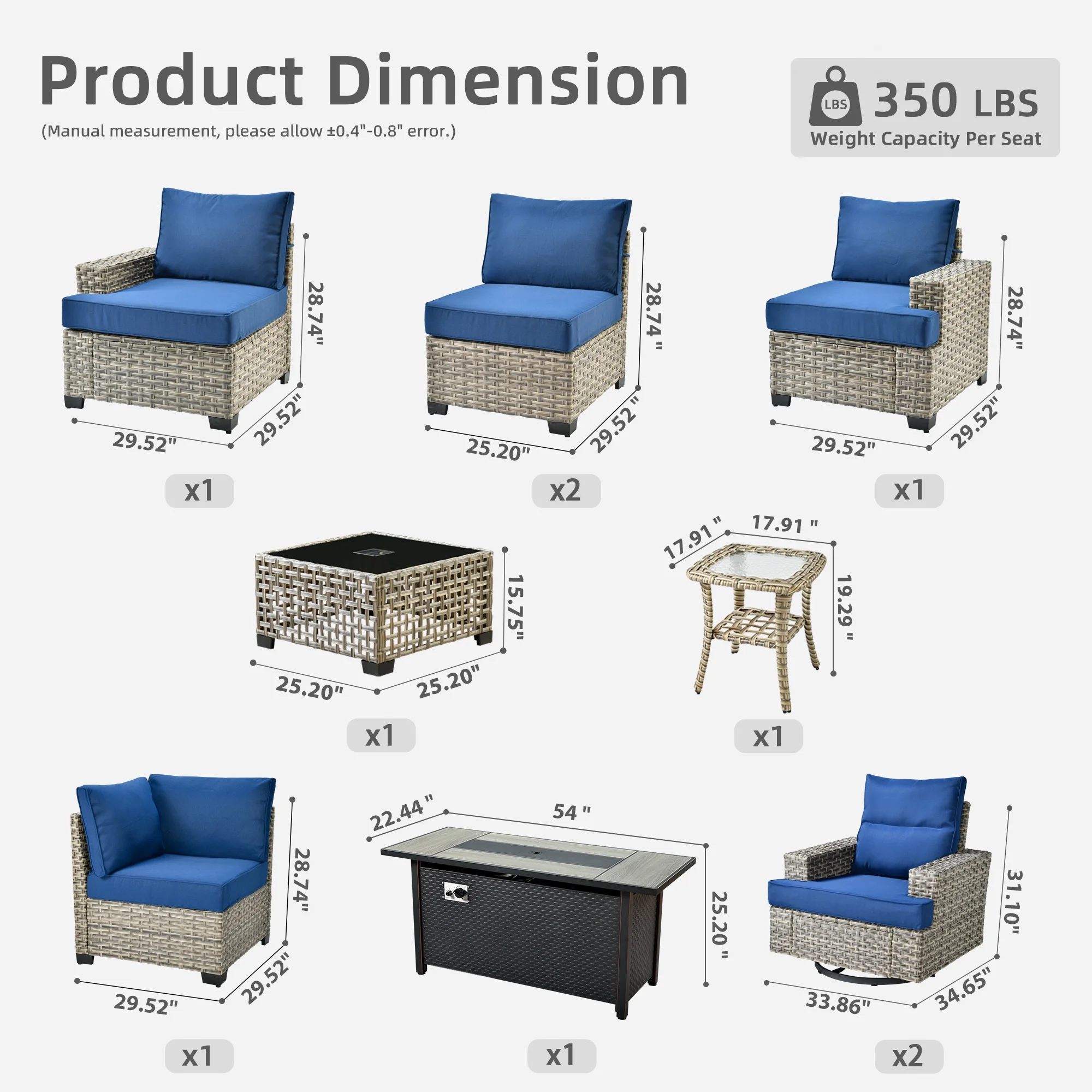 Ovios 10 Pieces Outdoor Patio Furniture Modern High-Back All-Weather Wicker Sectional Conversation Set with Propane Fire Pit Table & Swivel Chair, Dark Gray