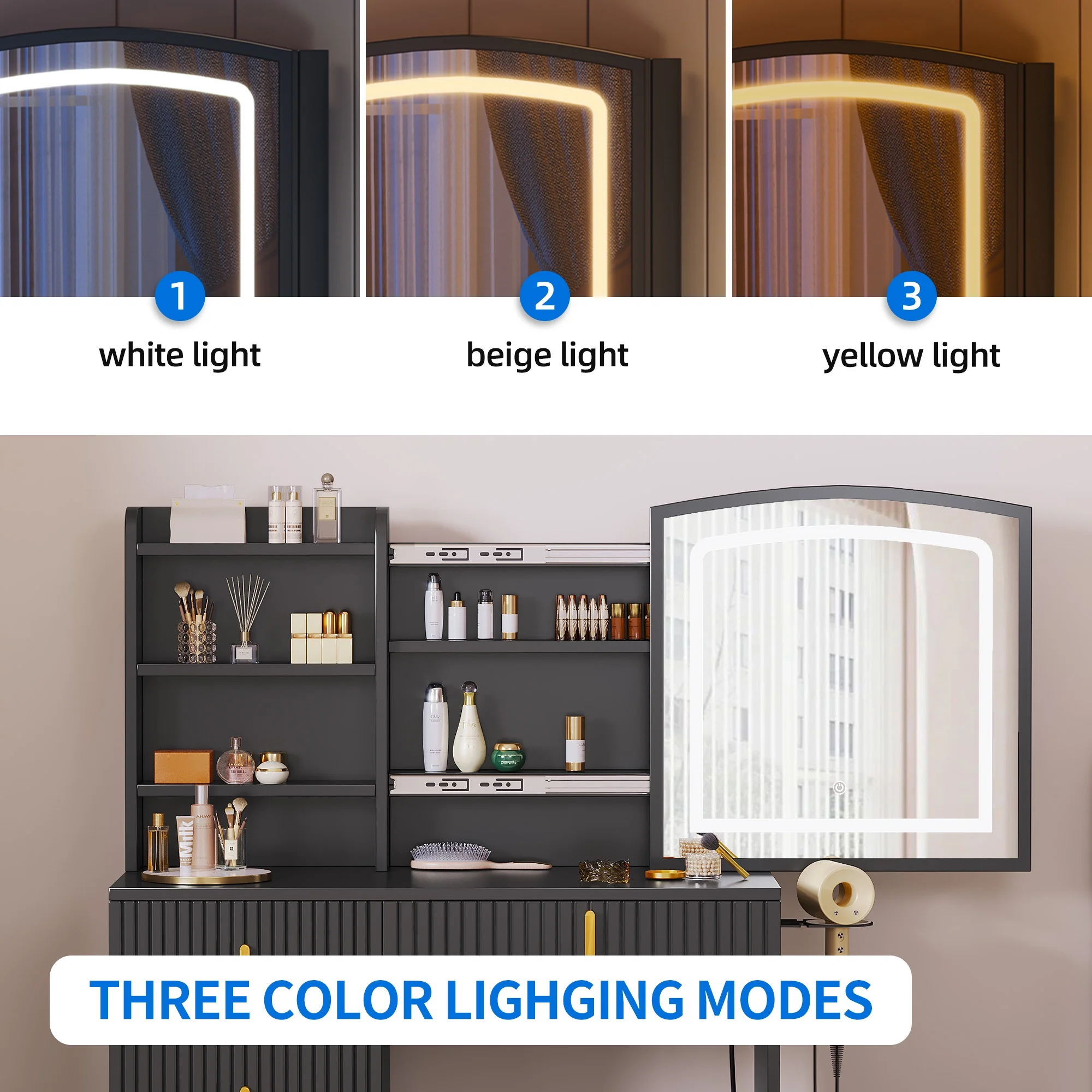 Dextrus Vanity Table Set with LED Lighted Mirror & Stool, Dressing Table with Sliding Mirror & Charging Station , Makeup Table with Storage Shelves & Drawers, White Vanity Desk for Bedroom, White