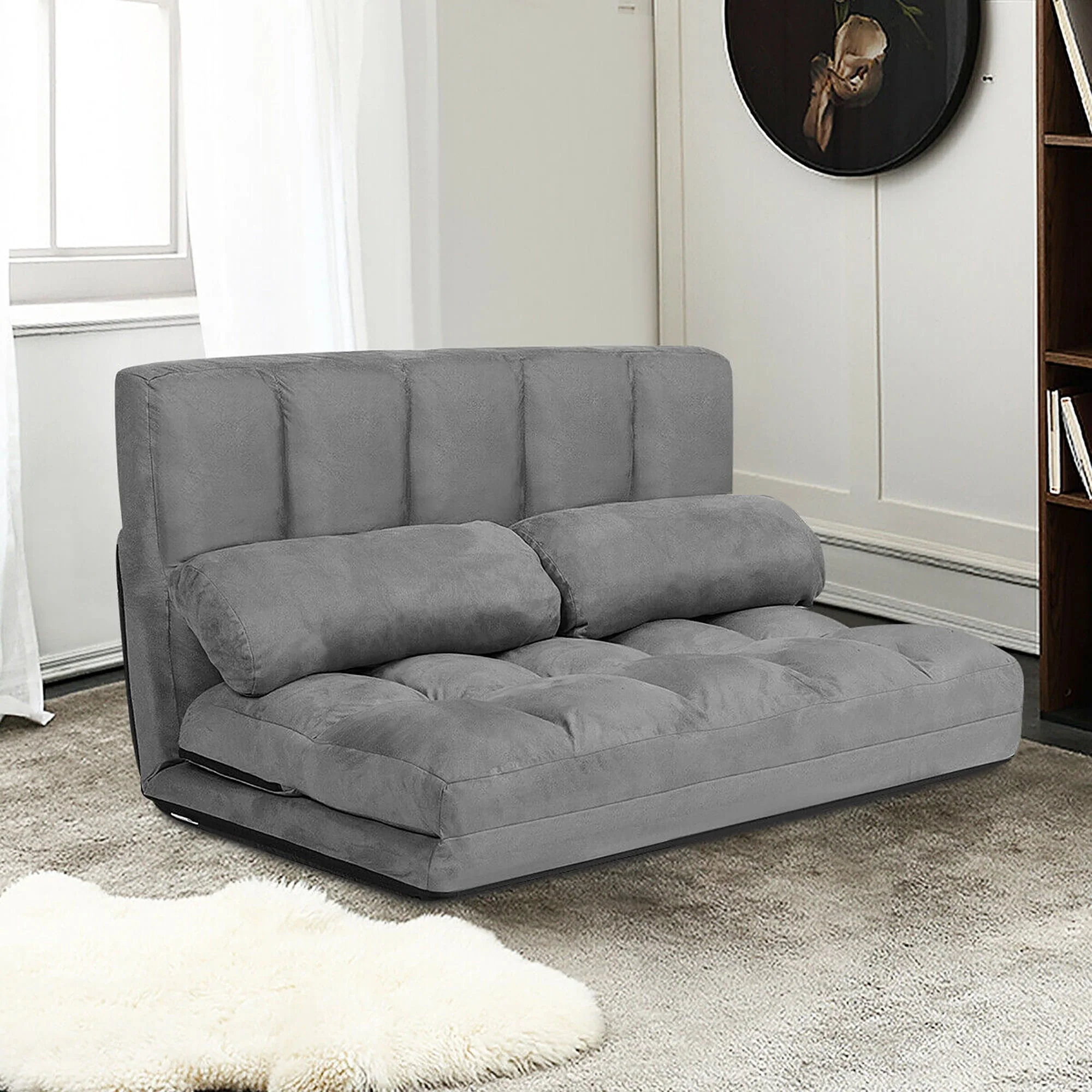 Costway Foldable Floor Sofa Bed 6-Position Adjustable Lounge Couch with 2 Pillows Grey