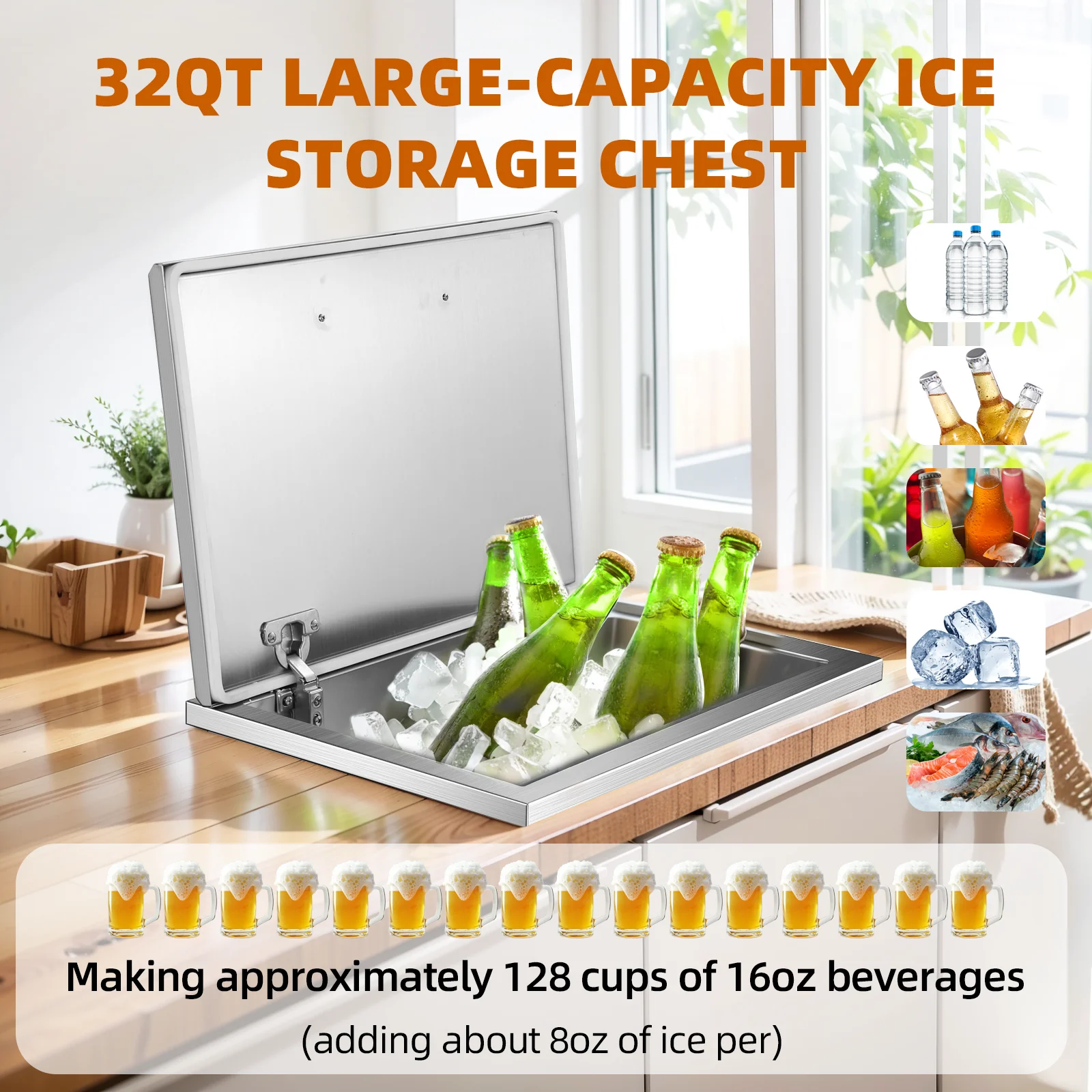 AOILE Drop-In Ice Chest �C Stainless Steel Commercial Ice Bin for Outdoor Kitchen & Bar, Ideal for Wine & Beer, Non-Electric Insulation, Convenient Drainage