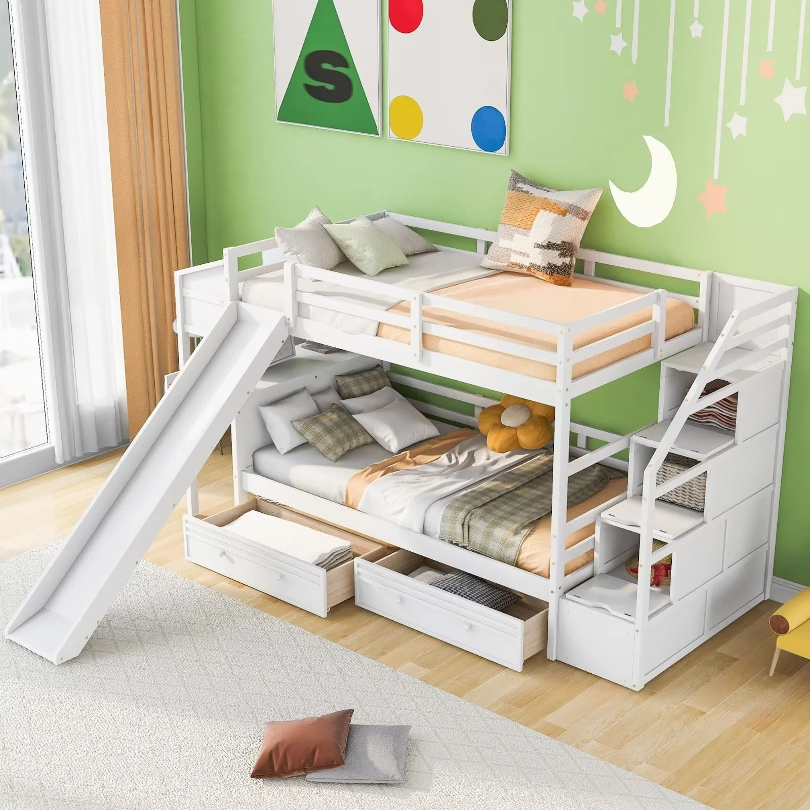 Twin over Twin Bunk Bed Frame with Storage Staircase, Slide and Drawers, Desk with Drawers and Shelves, Multifunctional Wooden Platform Bed with Safety Guardrails, White