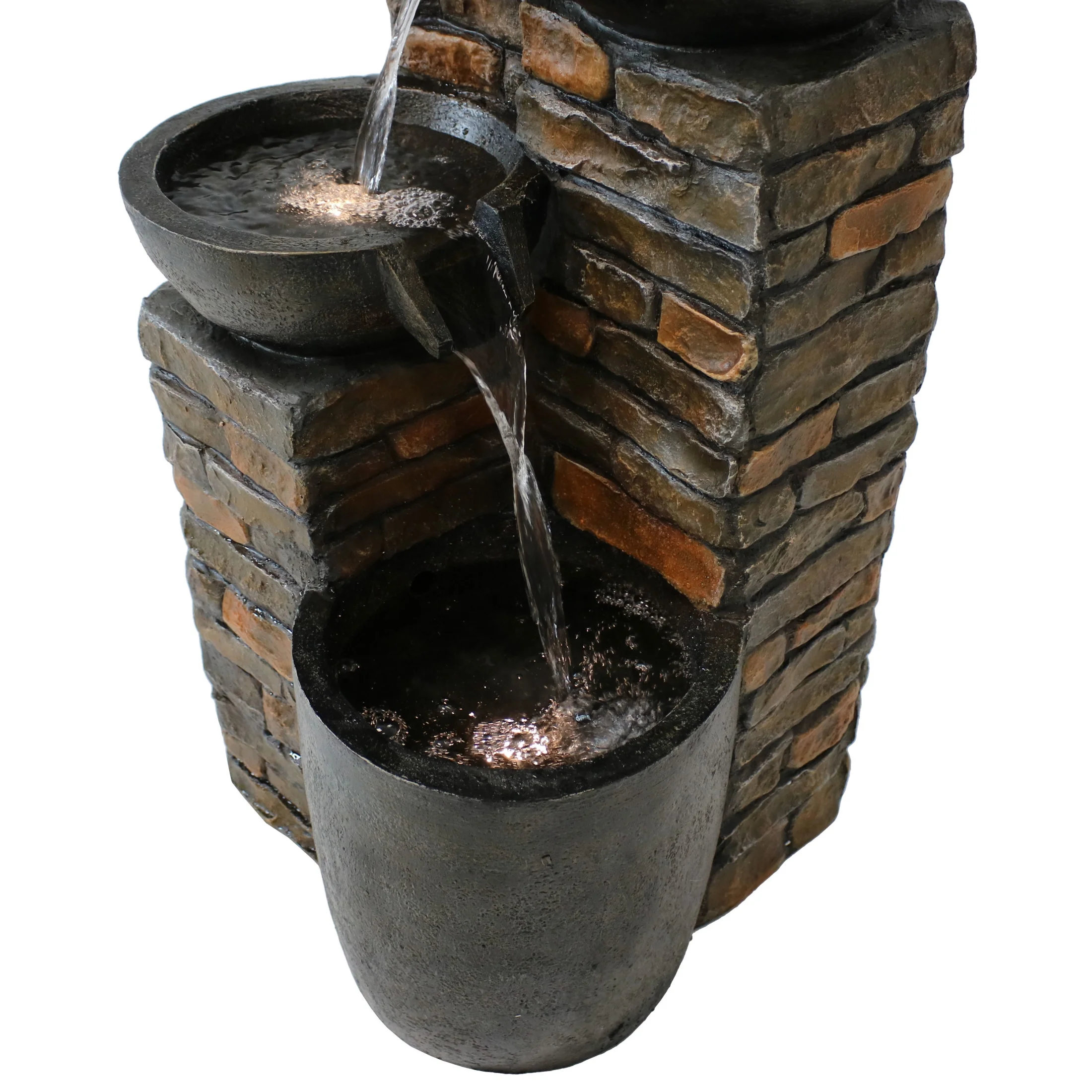Sunnydaze Staggered Bowls Polyresin Outdoor Water Fountain with Light