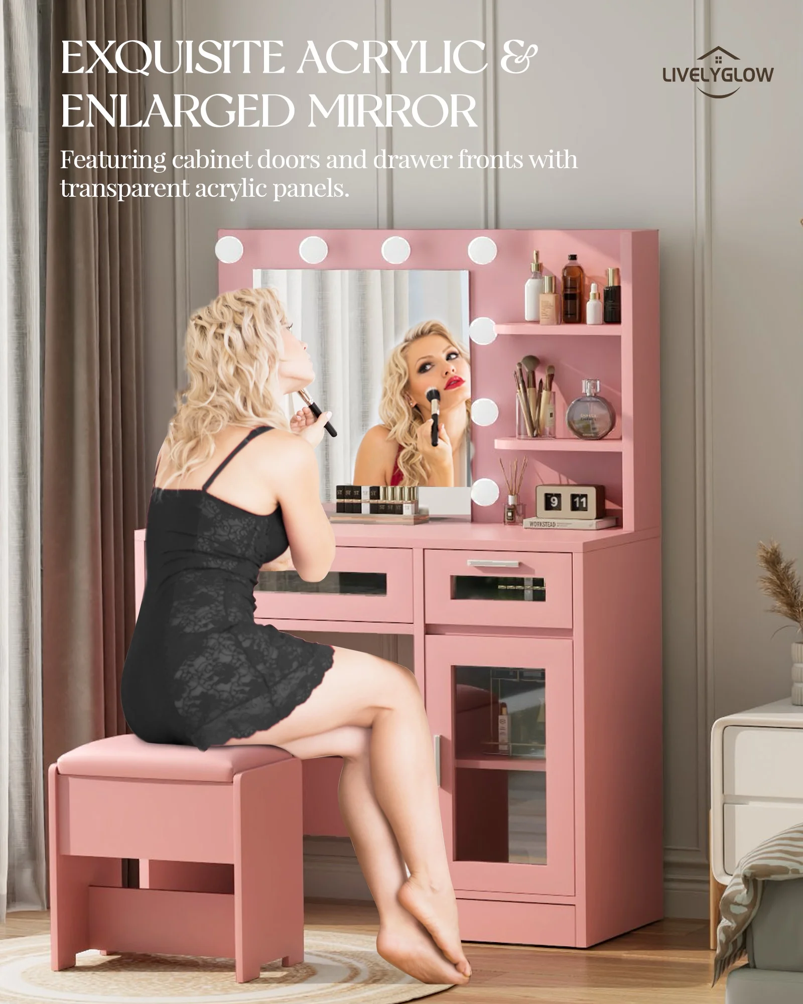 LIVELYGLOW Vanity Desk with Mirror and Lights, Makeup Vanity with Drawer & Storage Shelves, Cabinet, 3 Lighting Modes Adjustable Brightness,White