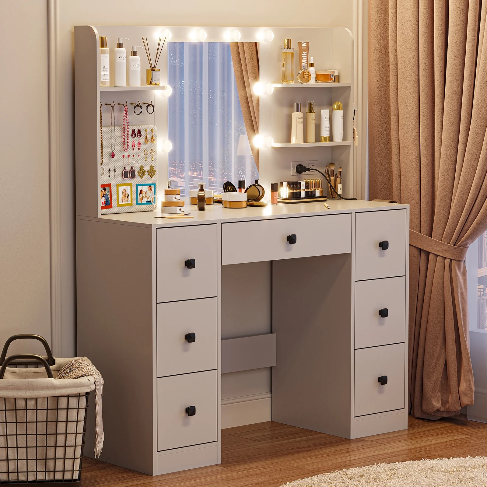 Cottinch Vanity Desk 3 Color Lighted Mirror,Makeup Dressing Table with 4 Drawers and Storage Shelves,2 Outlets,2 USB Ports,White