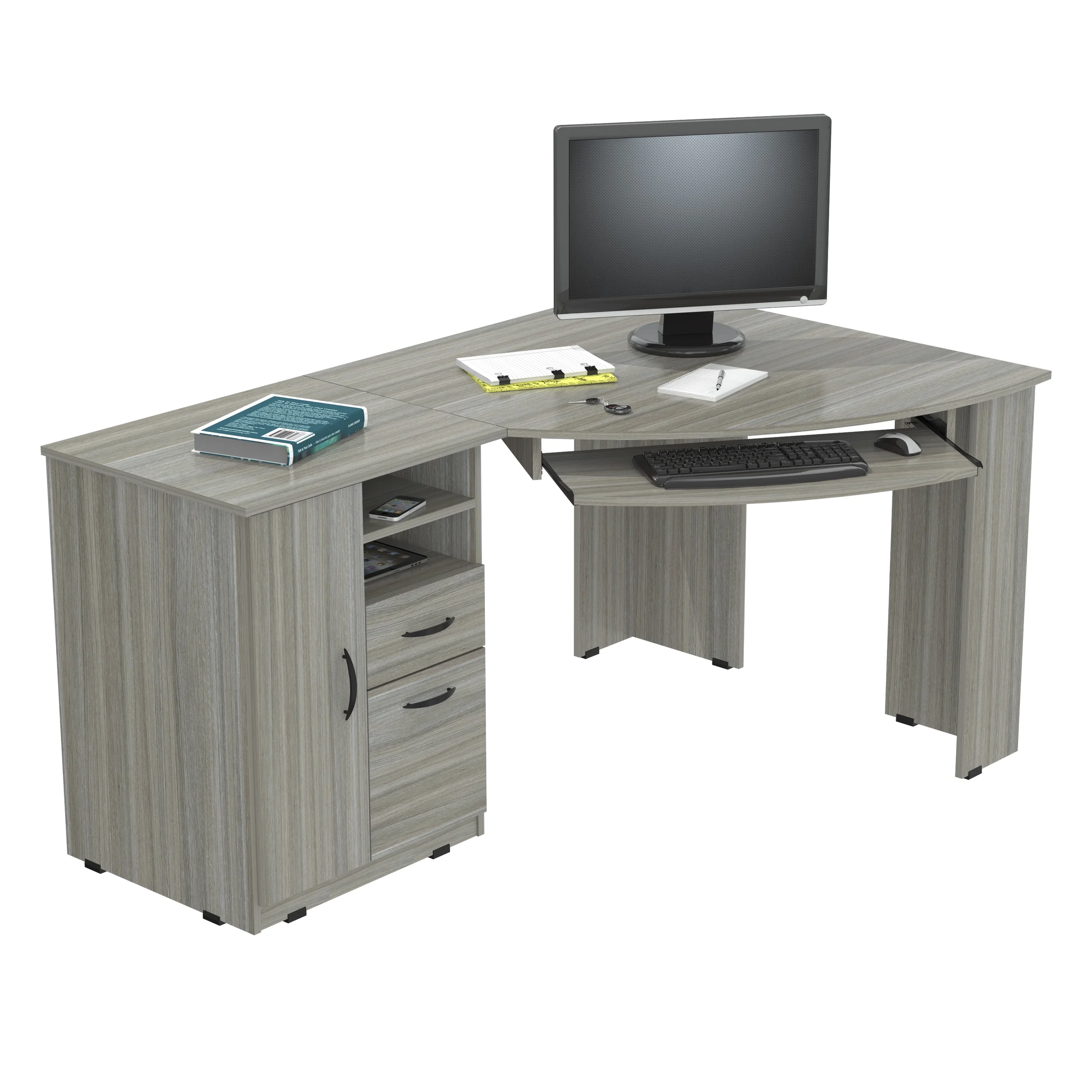 Inval Modern Corner Desk with 2 Drawers and Cabinet, Washed Oak