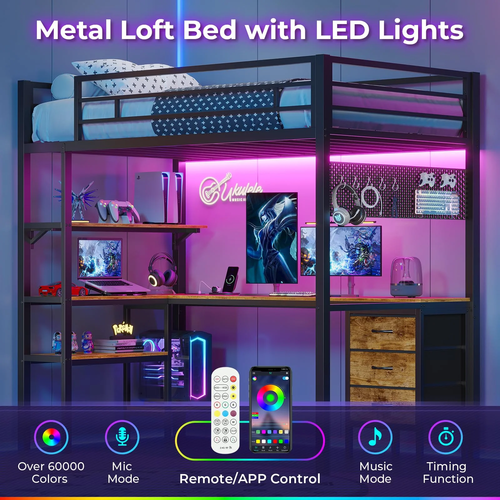 Afuhokles Loft Bed Twin Size with L-Shaped Desk and Charging Station, LED Light Twin Metal Loft Bed with Fabric Drawers and Shelves, Gray