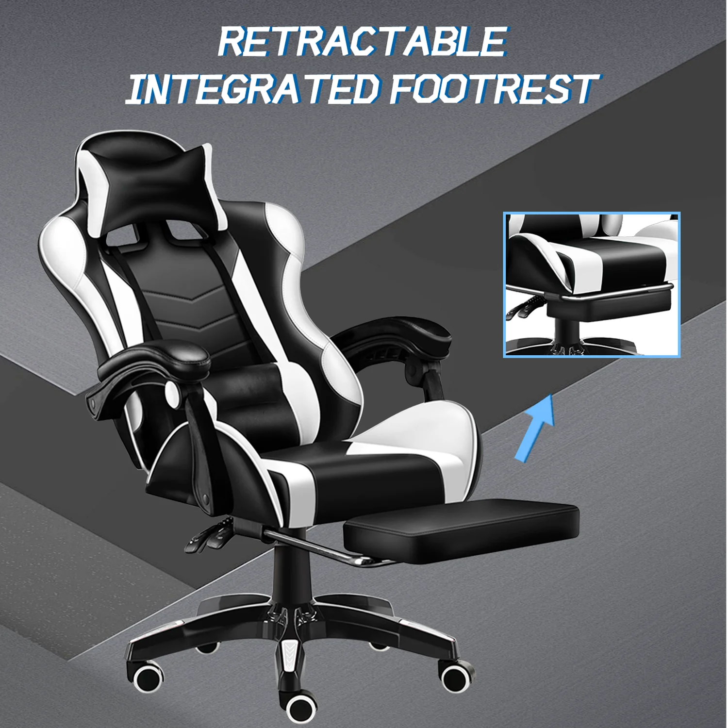 Gaming Chair with Adjustable Footrest, Eighteentek High Back Office Chair with Lumbar Support & Adjustable Headrest Video Game Chairs for Adults Black & White