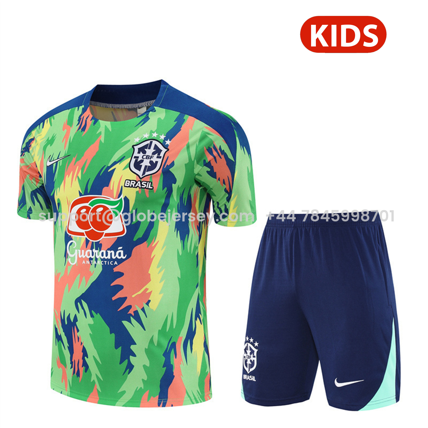 Brazil 25-26 Kids Short-Sleeve Training Set - Blue Green Camouflage Top & Blue Shorts