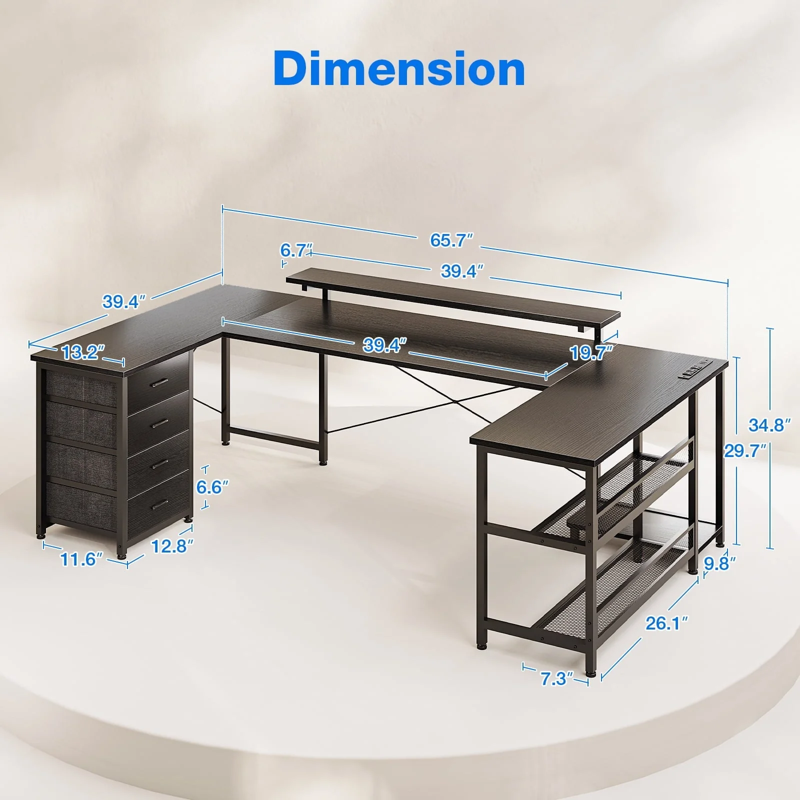 66 inch U Shaped Writing Gaming Desk with Drawers, Home Office Desk with Adjustable Heights Monitor Stand, Reversible Corner Desk with LED Lights & Power Outlets, Black
