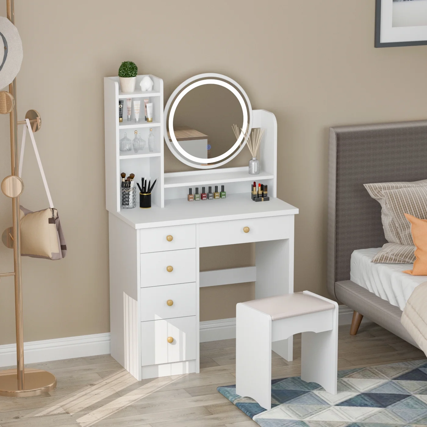 OXYLIFE Makeup Vanity Desk Table with Sliding LED Lighted Mirror, Cushion Stool, 4 Drawers and Shelves, White+Gray